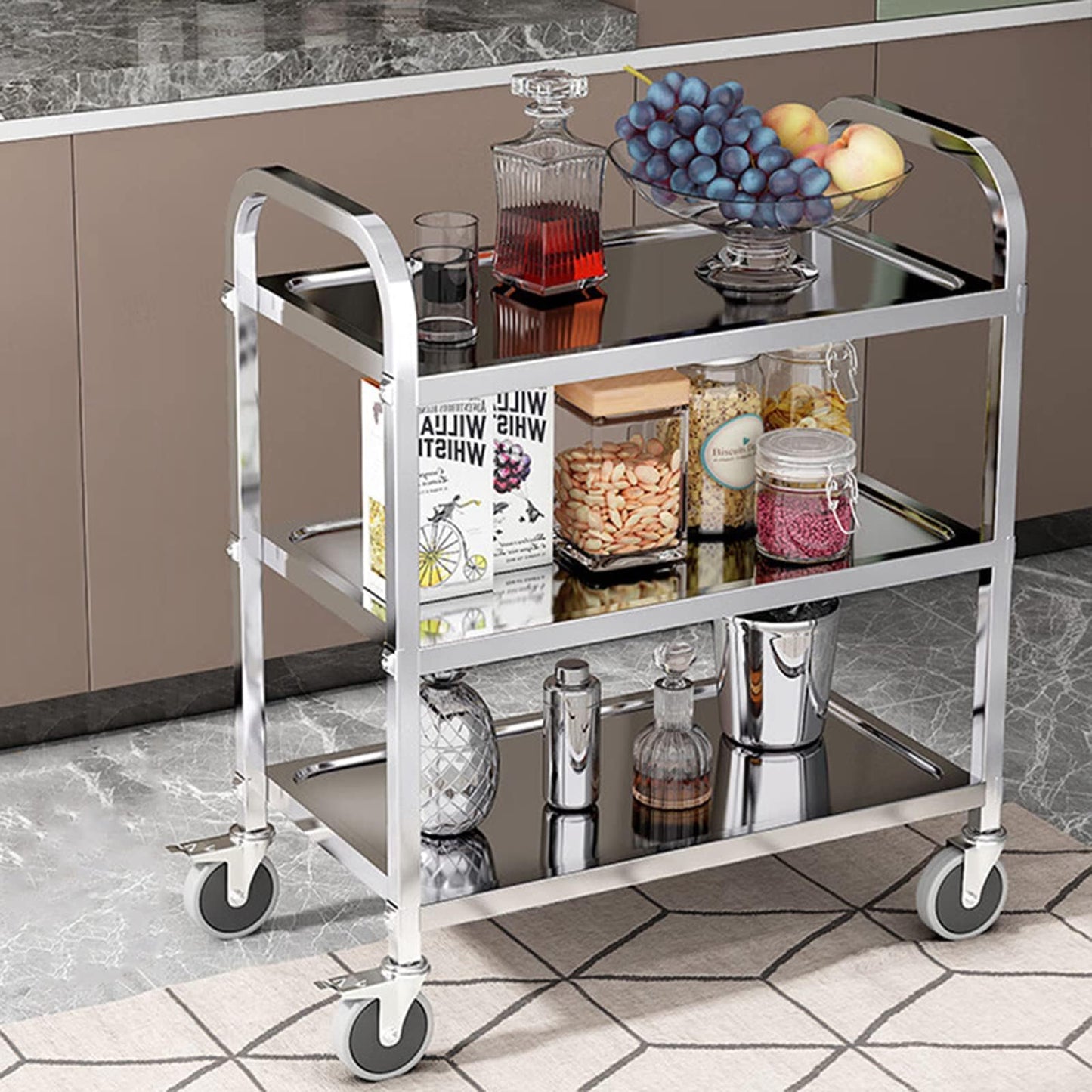 TAIMIKO Stainless Steel Utility Cart 3-Tier Kitchen Trolley Serving Trolley