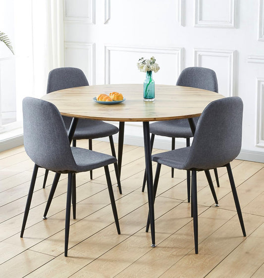 Hallowood Furniture Cullompton Round Dining Table and Chairs Set 4, Light Oak Effect Top Large Kitchen Table and Chairs in Grey Fabric Upholstery and