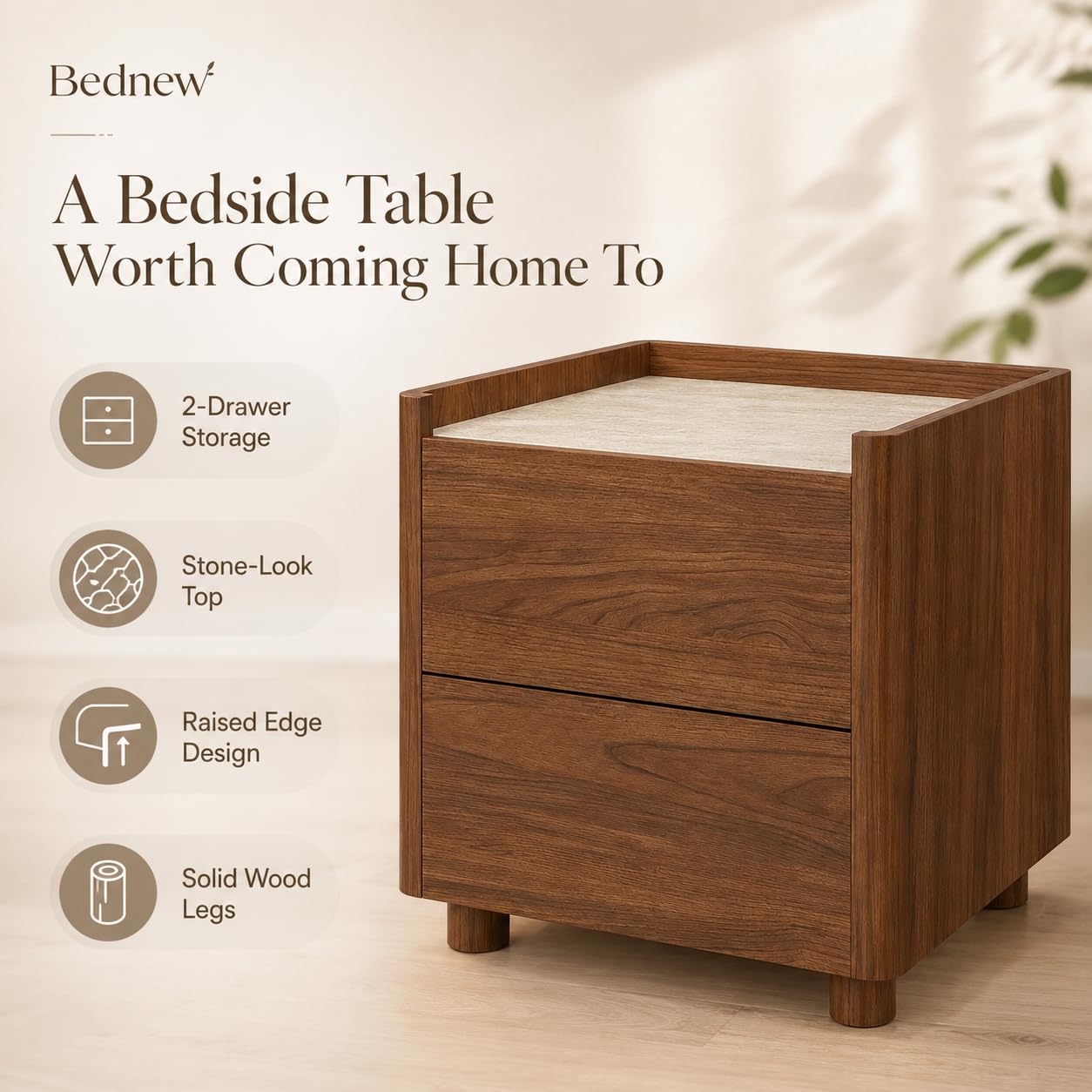 Bedside Table with 2 Drawers, Wooden Bedside Cabinet with Storage