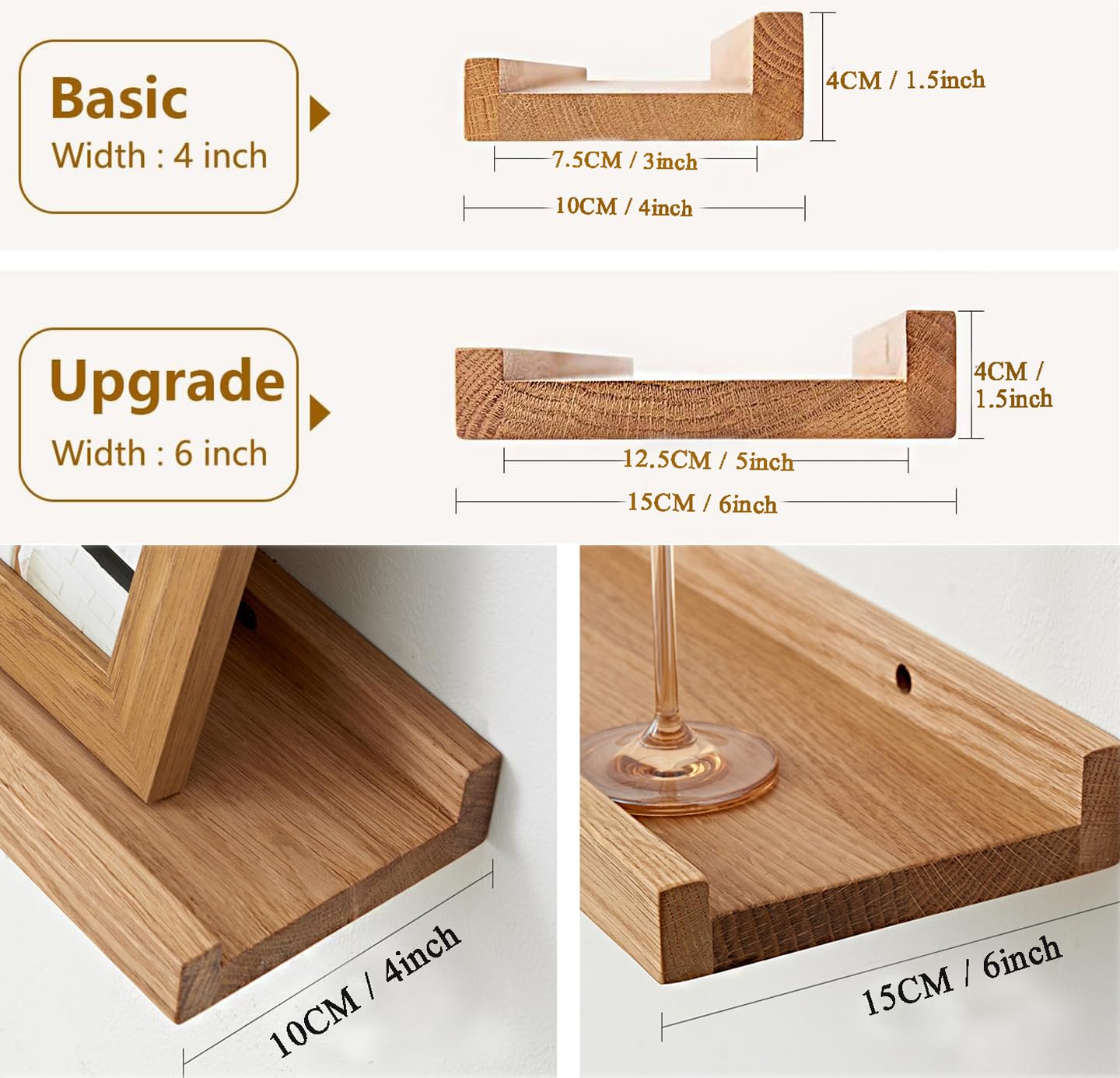 OAKERLAND Wooden Floating Shelves for Wall, 32inch Solid Oak Picture Ledge Shelf Wall Mounted Oak Display Shelf for Home,Office,Bedroom,Living