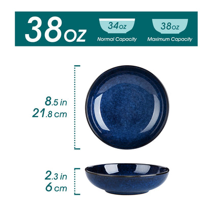 vancasso Stern 38 oz Ceramic Pasta Bowl Set of 4, Large Salad Bowls for Serving, Microwave Oven Safe Soup Bowls for Kitchen, Blue Stoneware Bowl Set