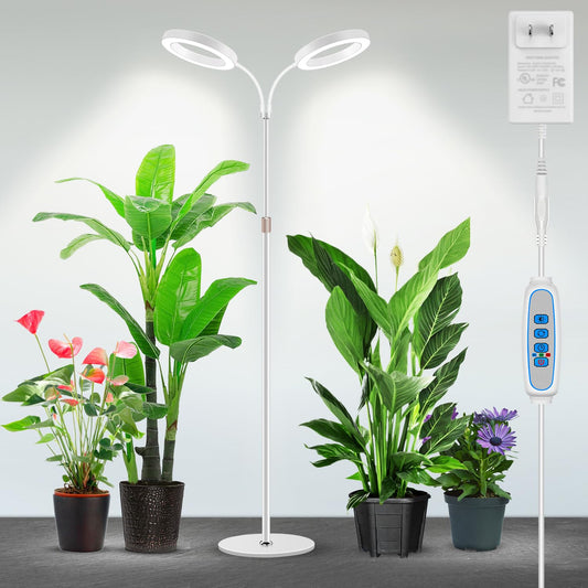 Garpsen Grow Lights, Dual-Head Full Spectrum LED Plant Lights for Indoor Growing with Stand, 3 Color Modes Grow Lamp with Timer 6/12/16H, 5 Dimmable