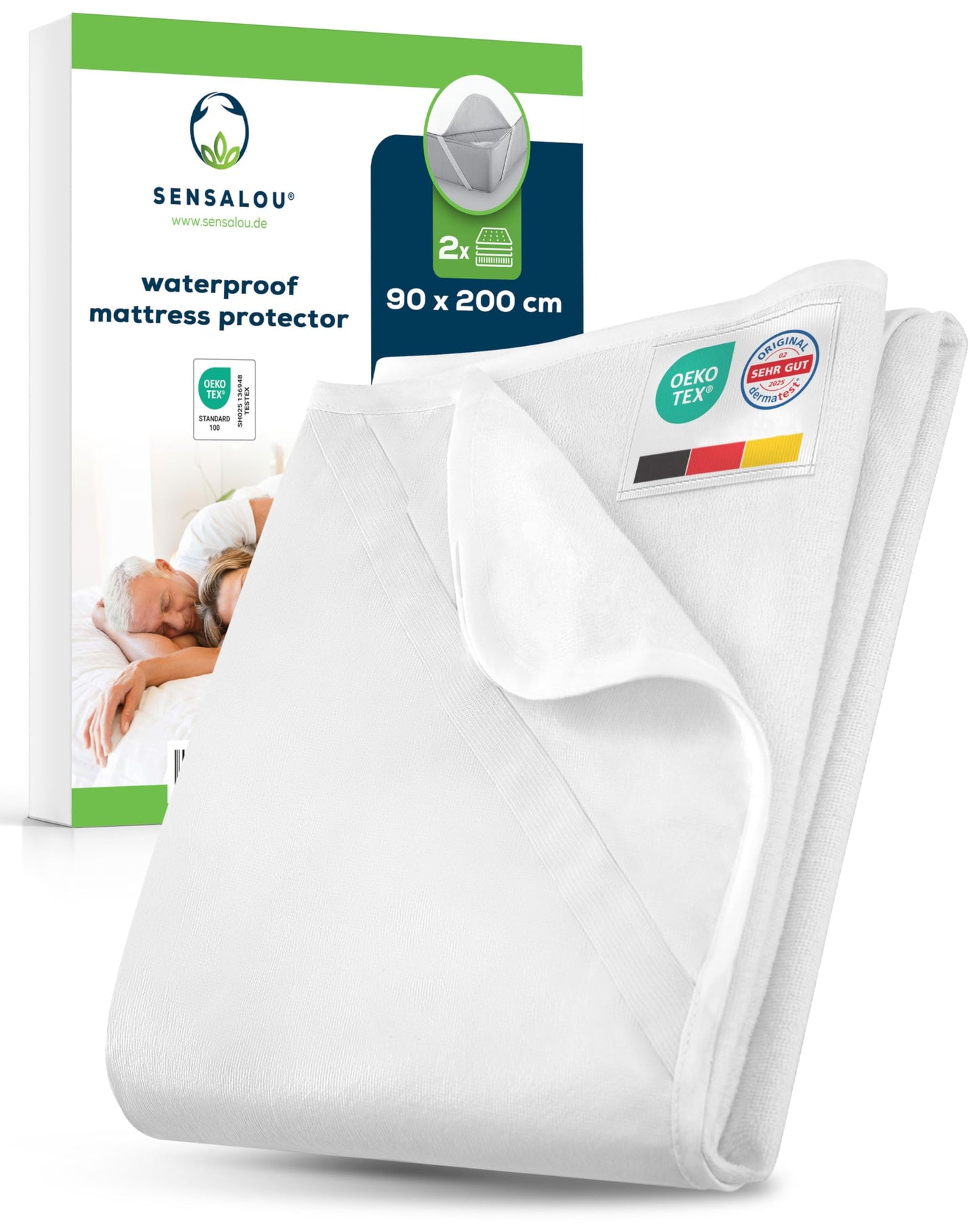 Sensalou Waterproof Mattress Protector 90x200 cm – 2-Pack Twin Bed Covers with Elastic Corner Straps, Soft Terry Top Layer, Hypoallergenic