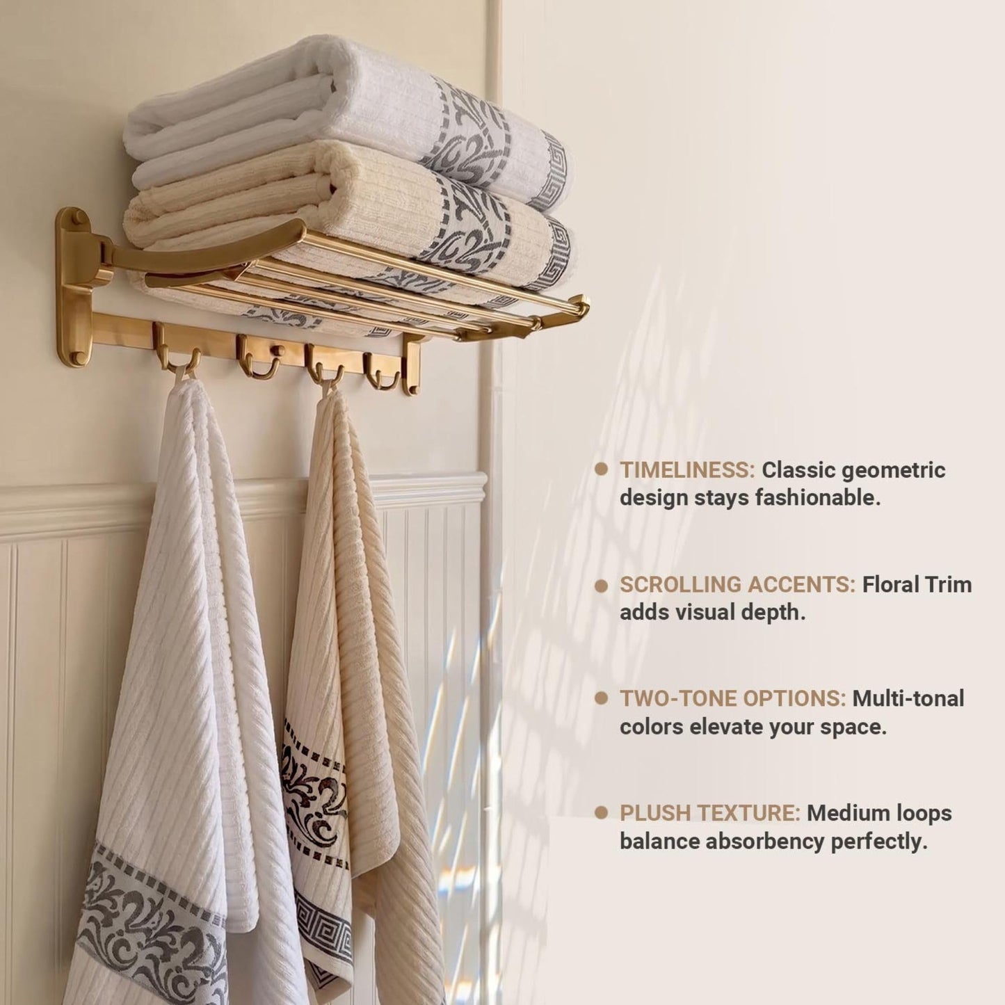 Superior Decorative 4-Piece Bath Towel Set, Greek/Floral Decor for Bathroom, Guest Bath, Spa, Household Essentials, Premium Absorbent Cotton