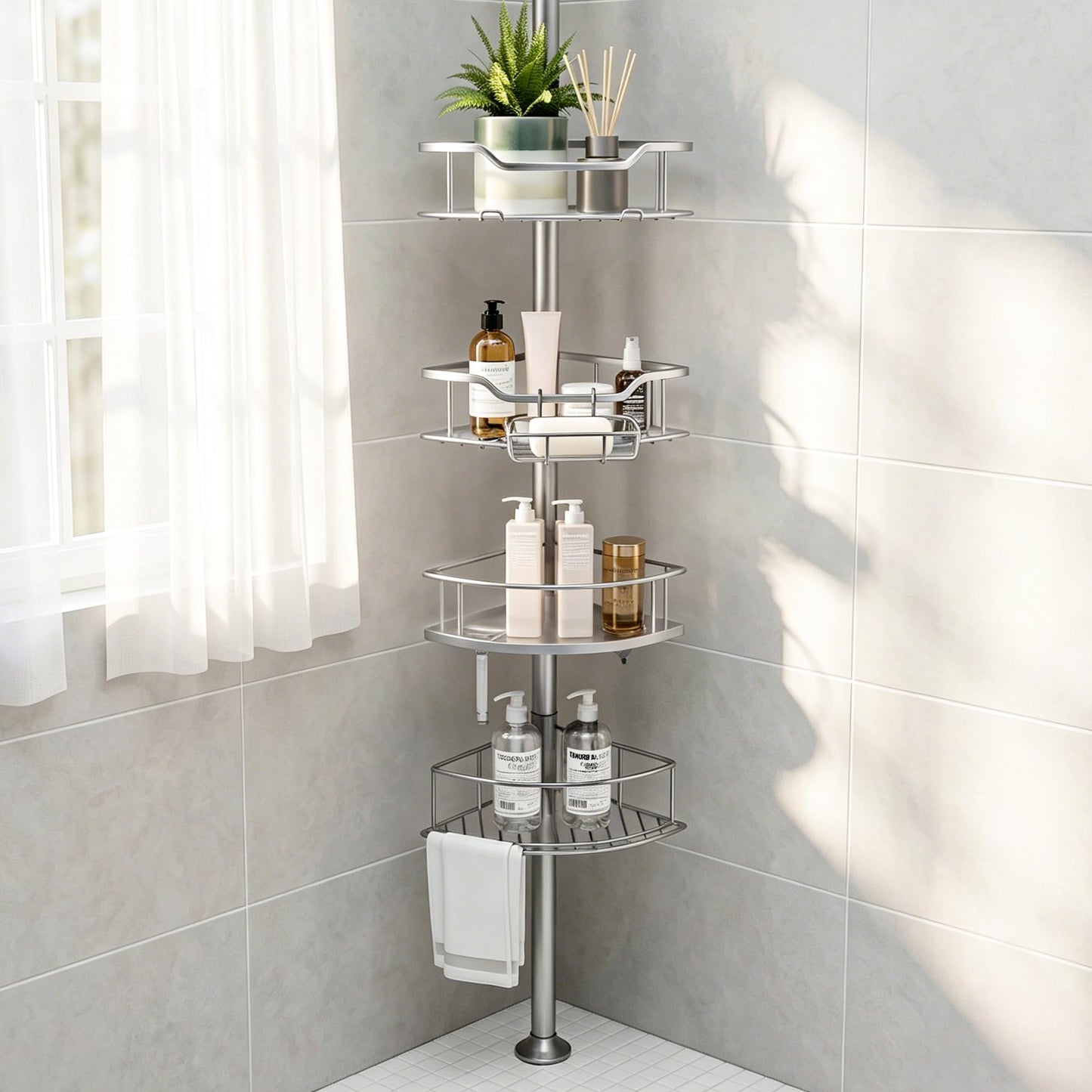 Purejoy Tension Pole Shower Caddy, 4 Tier Silver Corner Shower Caddy with Soap Holder, Hooks & Towel Bar, Adjustable Telescopic Shower Shelves