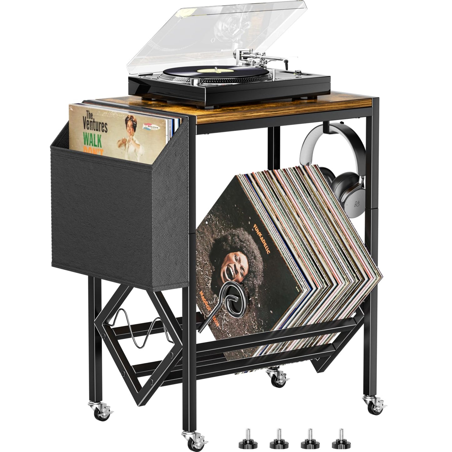 Vinyl Record Player Stand - Retro Vinyl Holder and Record Player Table, up to Storage 80 Albums, with Turntable Castors and Organising Fabric Bag