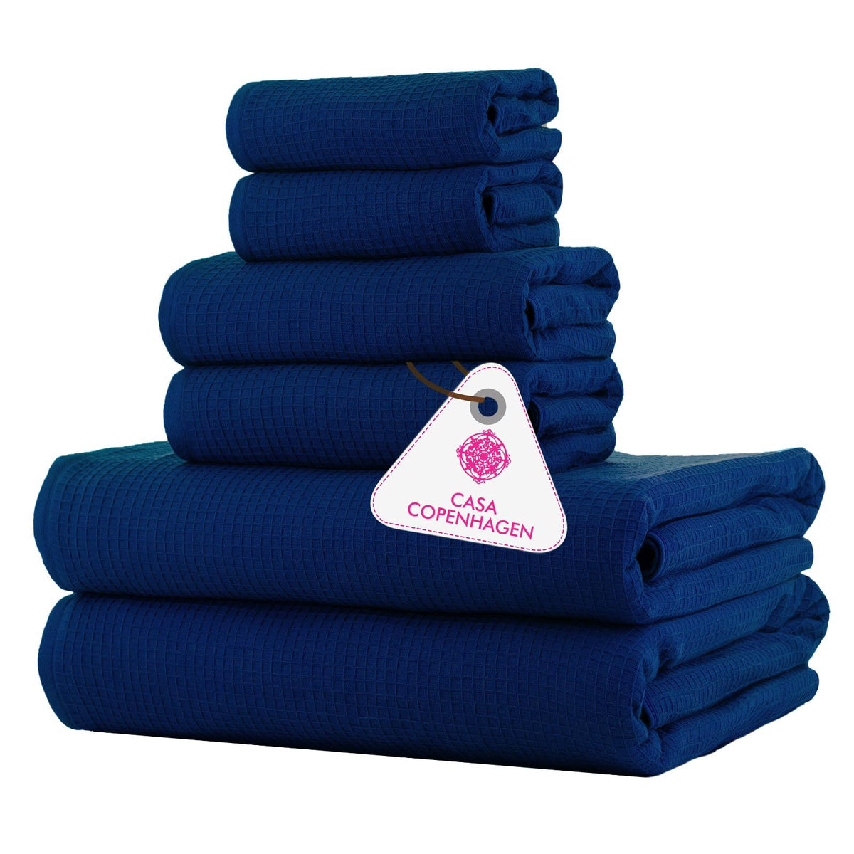 CASA COPENHAGEN Waffle Terry 6-piece Set, Cotton, Extra Large, Luxurious, Navy Blue, 2 Bath Towels XL, 70x140 cm, 2 Large Hand Towels, 50x80 cm
