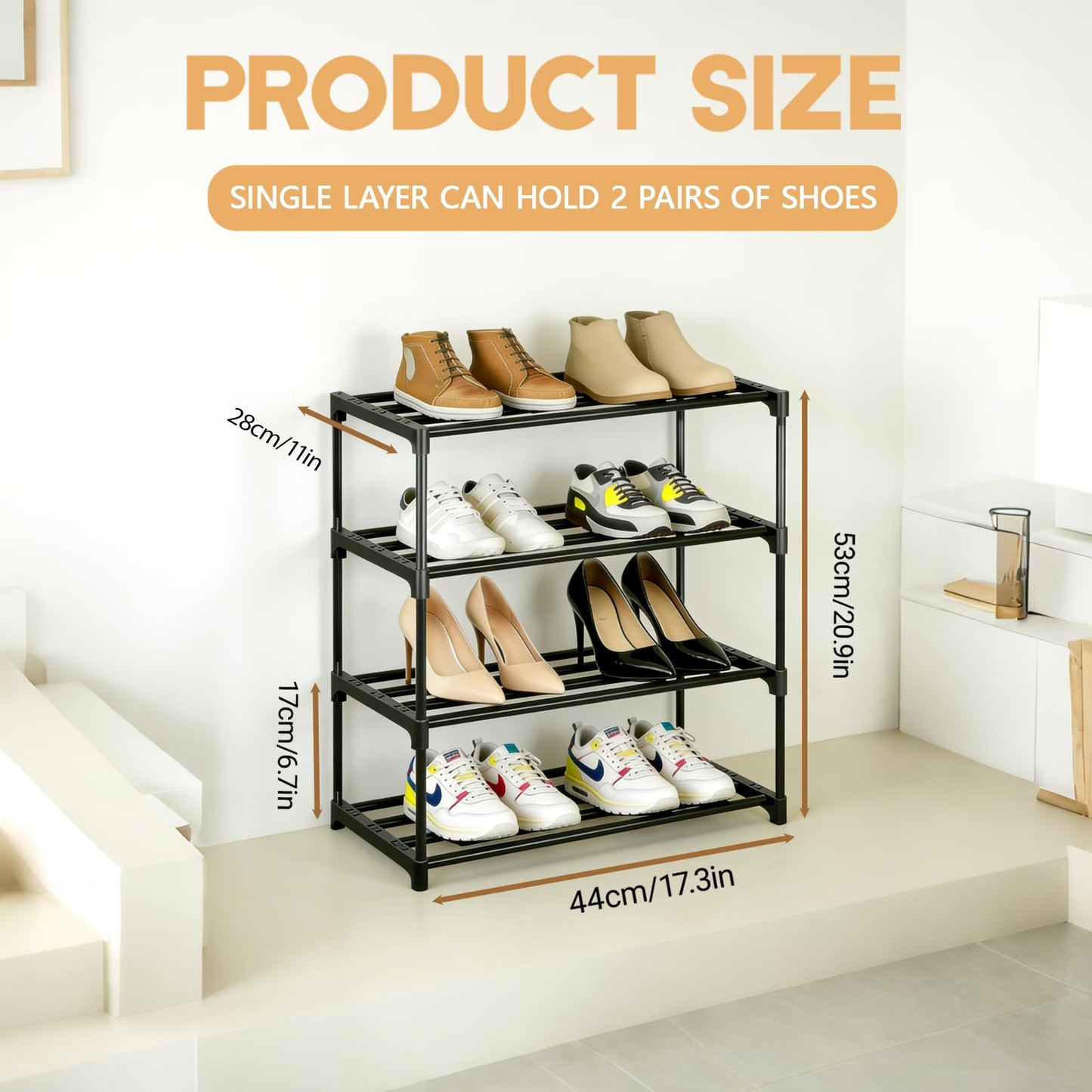 Lichamp Shoe Rack,4 Tier Stackable Shoe Rack,Shoe Storage Organiser Mini Shoe Organizers with Quick, Footware Storage Tool-Free Assembly for Entryway