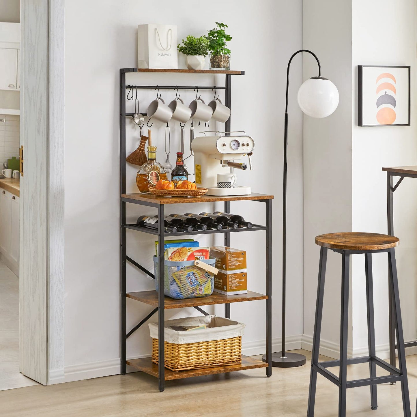 YMYNY Kitchen Baker's Rack, Microwave Oven Stand with Storage Shelves, Industrial Coffee Bar Station, with Adjustable Wine Holders and S-Hooks