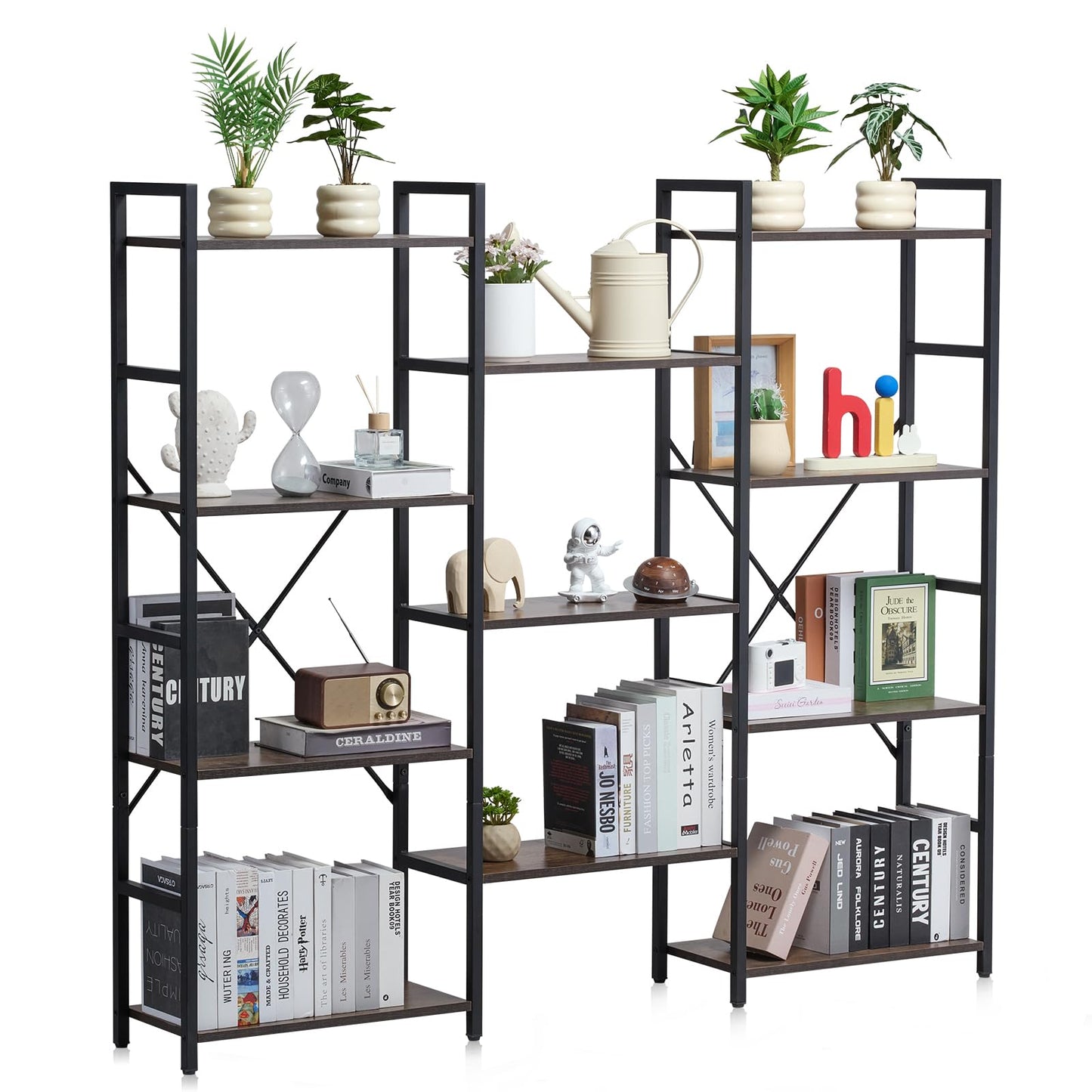 VEVOR Triple Metal Bookshelf, 11-Tier Industrial Bookshelf, Large Rustic Vintage Storage Bookcase with Open Shelves