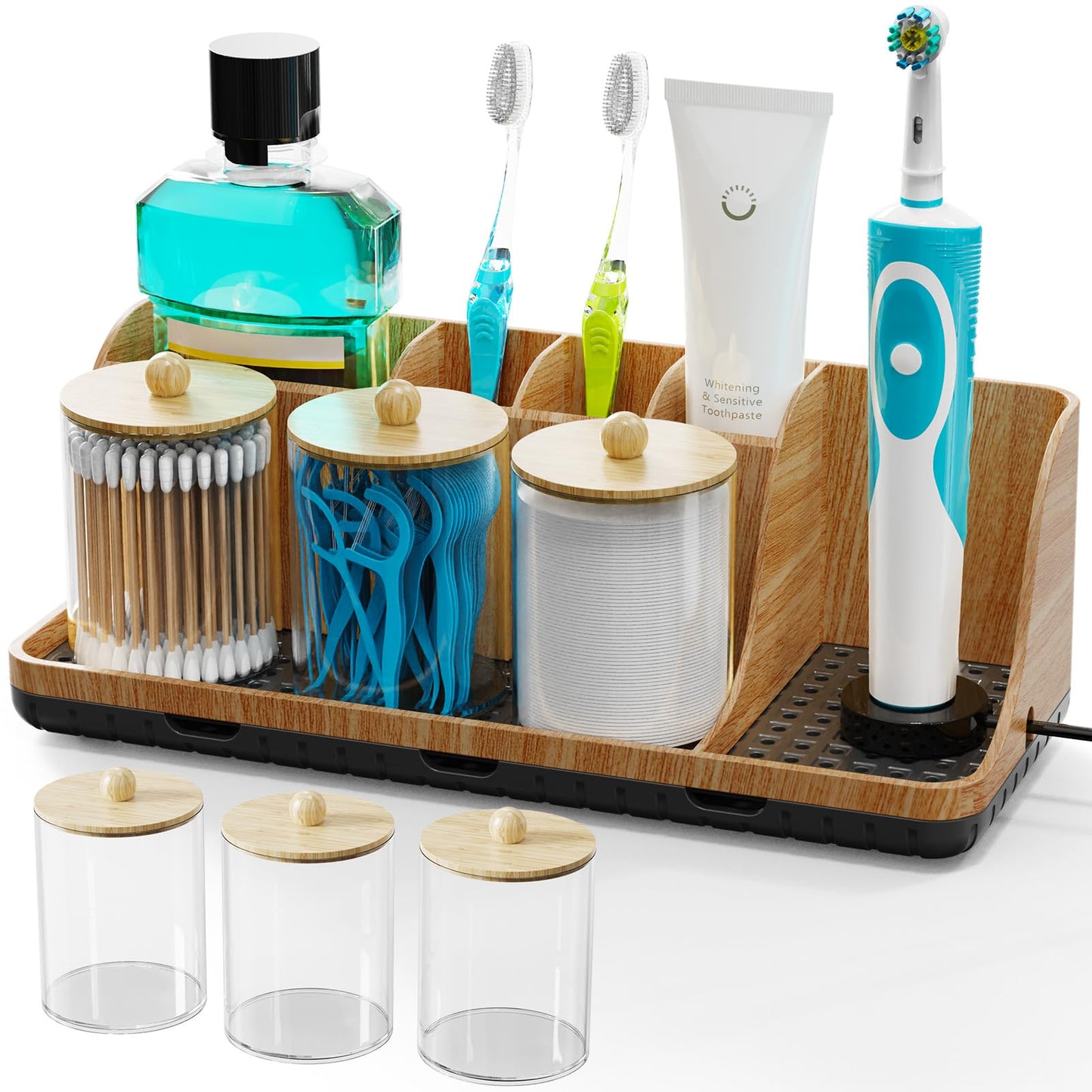 PARKMANI Toothbrush Holder for Bathroom Organizer Storage, Electric Tooth Brush Holder with 3 PCS Cotton Bud Holder, Bathroom Accessories for Family