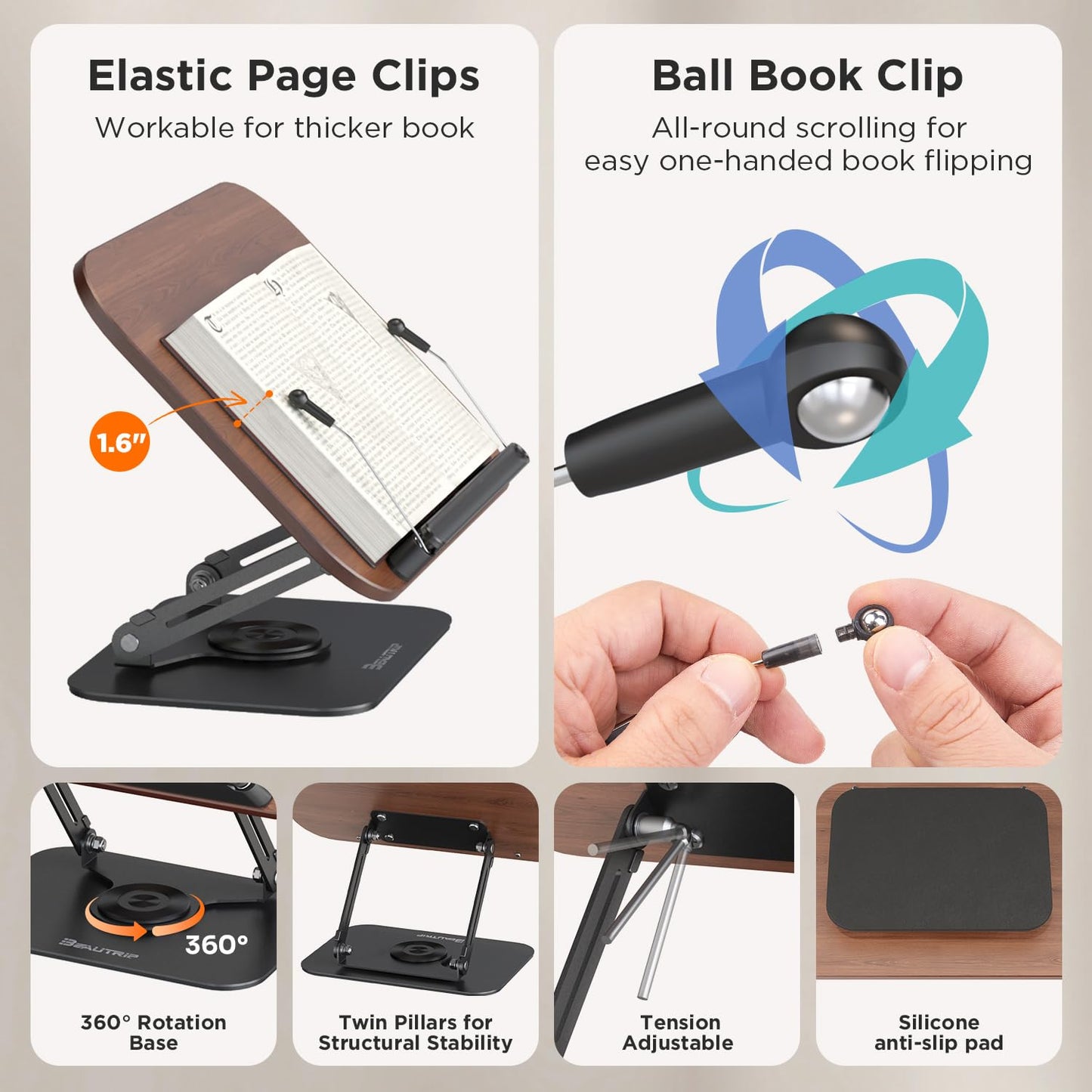 BEAUTRIP Book Stand for Reading, Foldable Book Holder for Desk Hands Free, Display Stand for Office, Kitchen, Cookbooks, Textbooks, Recipes