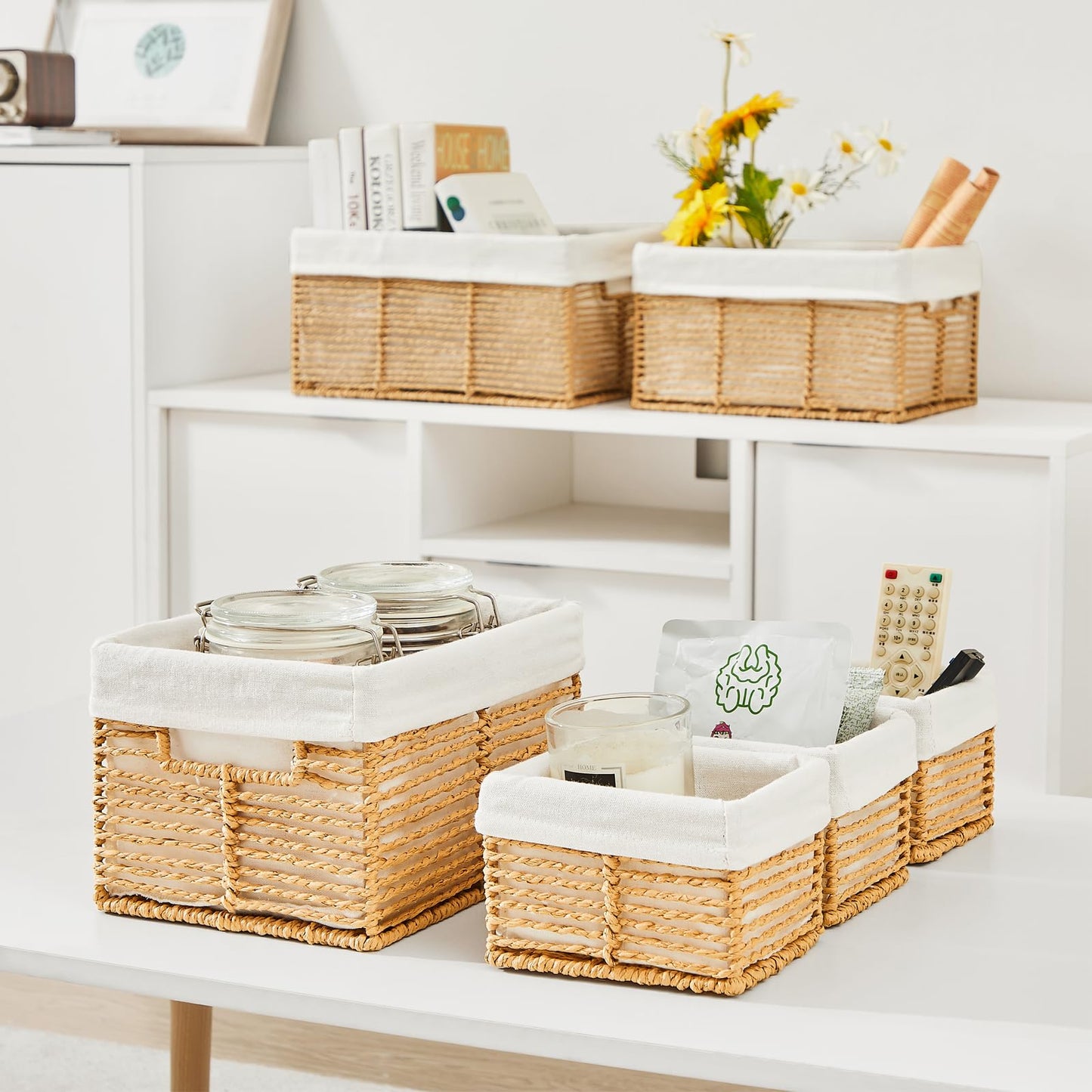 Vagusicc Wicker Storage Basket, Set of 6 Hand-Woven Display Hamper Basket with Handle, Wicker Basket for Shelves Closet
