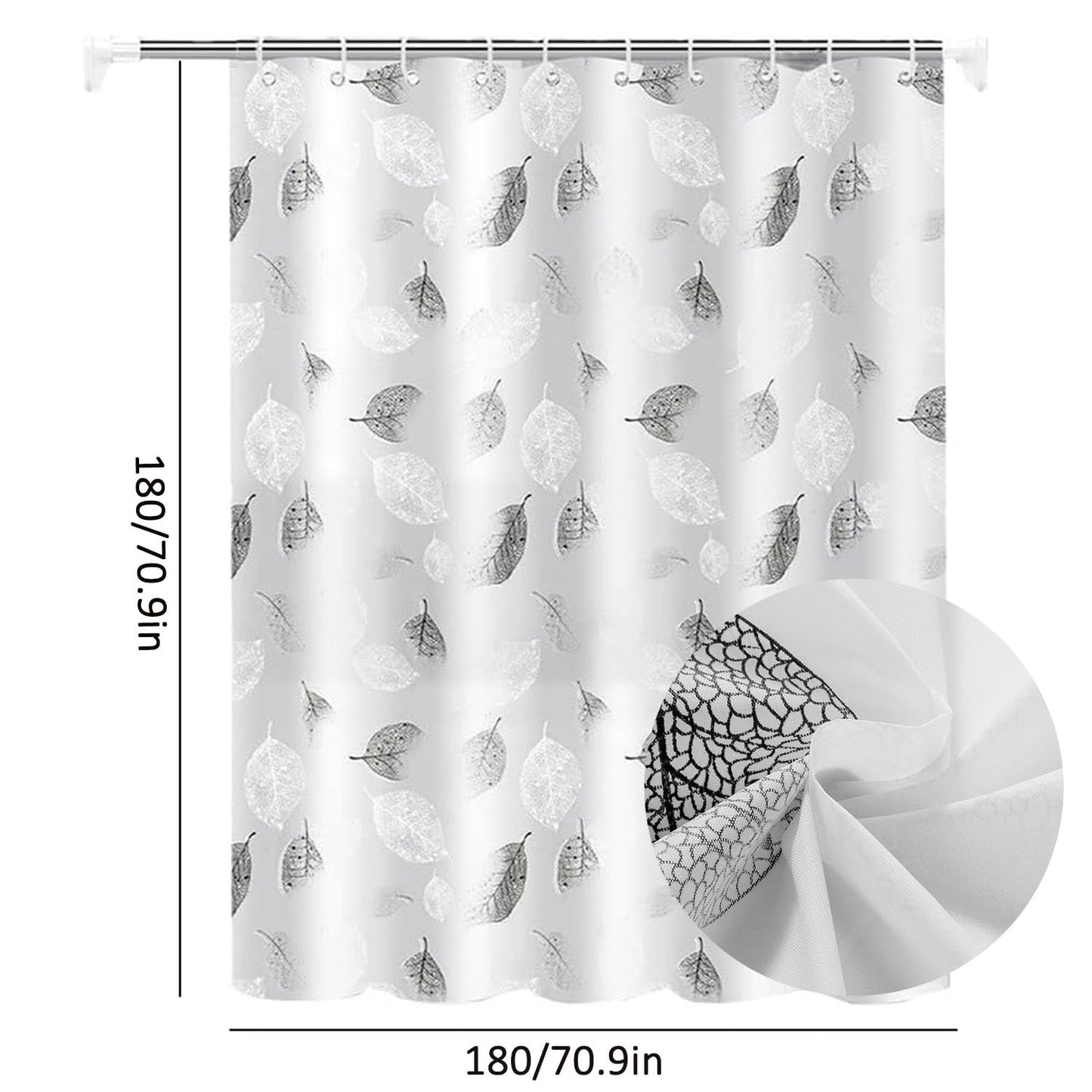 Shower Curtain for Bathroom, 100% Polyester Waterproof Mould Proof Resistant Fabric, 180 x 180cm PEVA Bathroom Curtains with Grommets & 12 Pcs Hooks