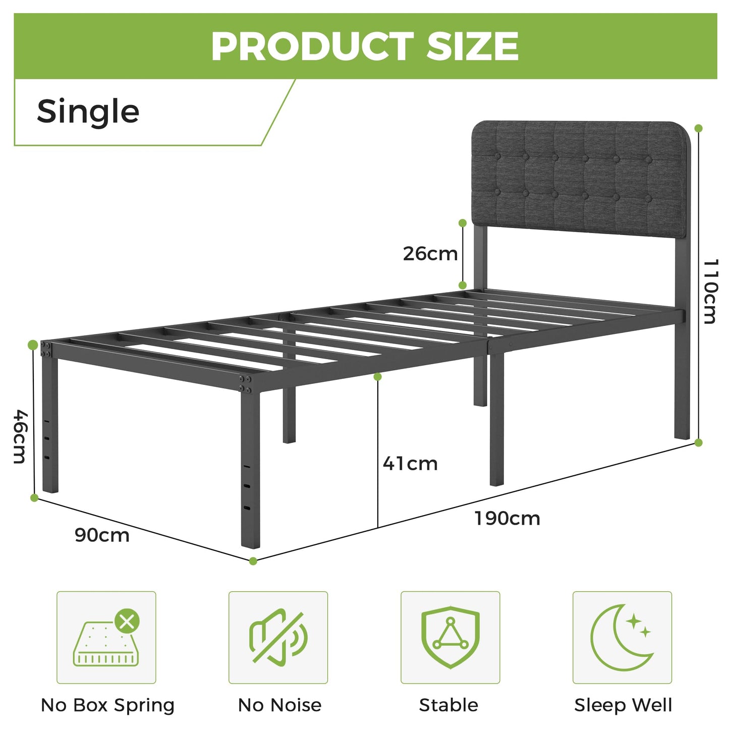 Lutown-Teen Single Bed Frame with Black Upholstered Headboard