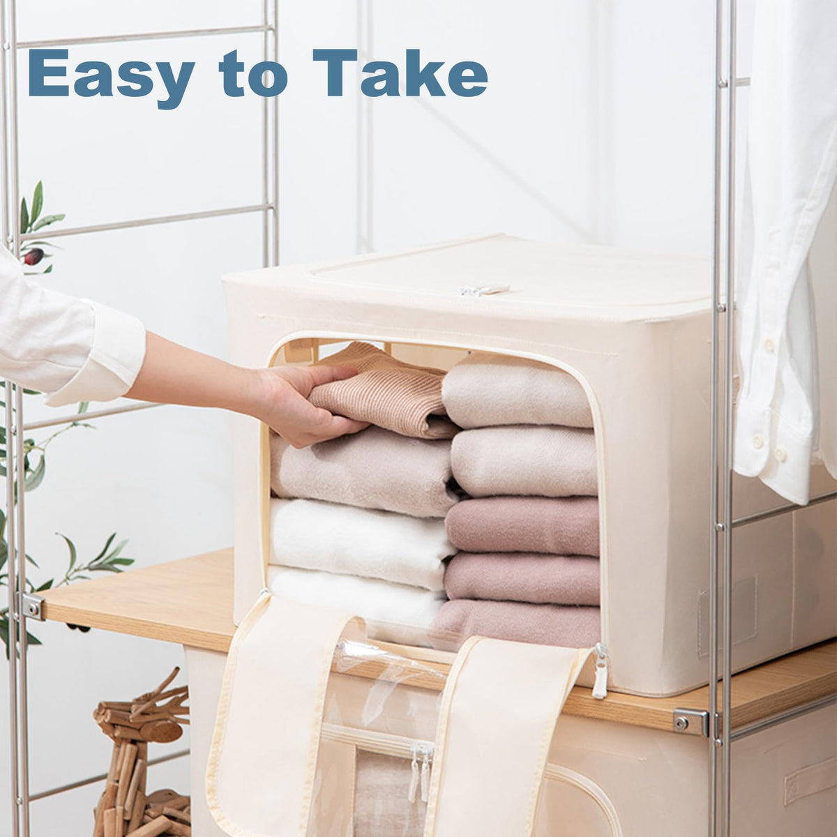 Goesort 3 Pack Clothes Storage Boxes with Steel Frame Support, 66L Moving Bag Wardrobe Storage Organiser Packing Boxes for Moving House with Clear