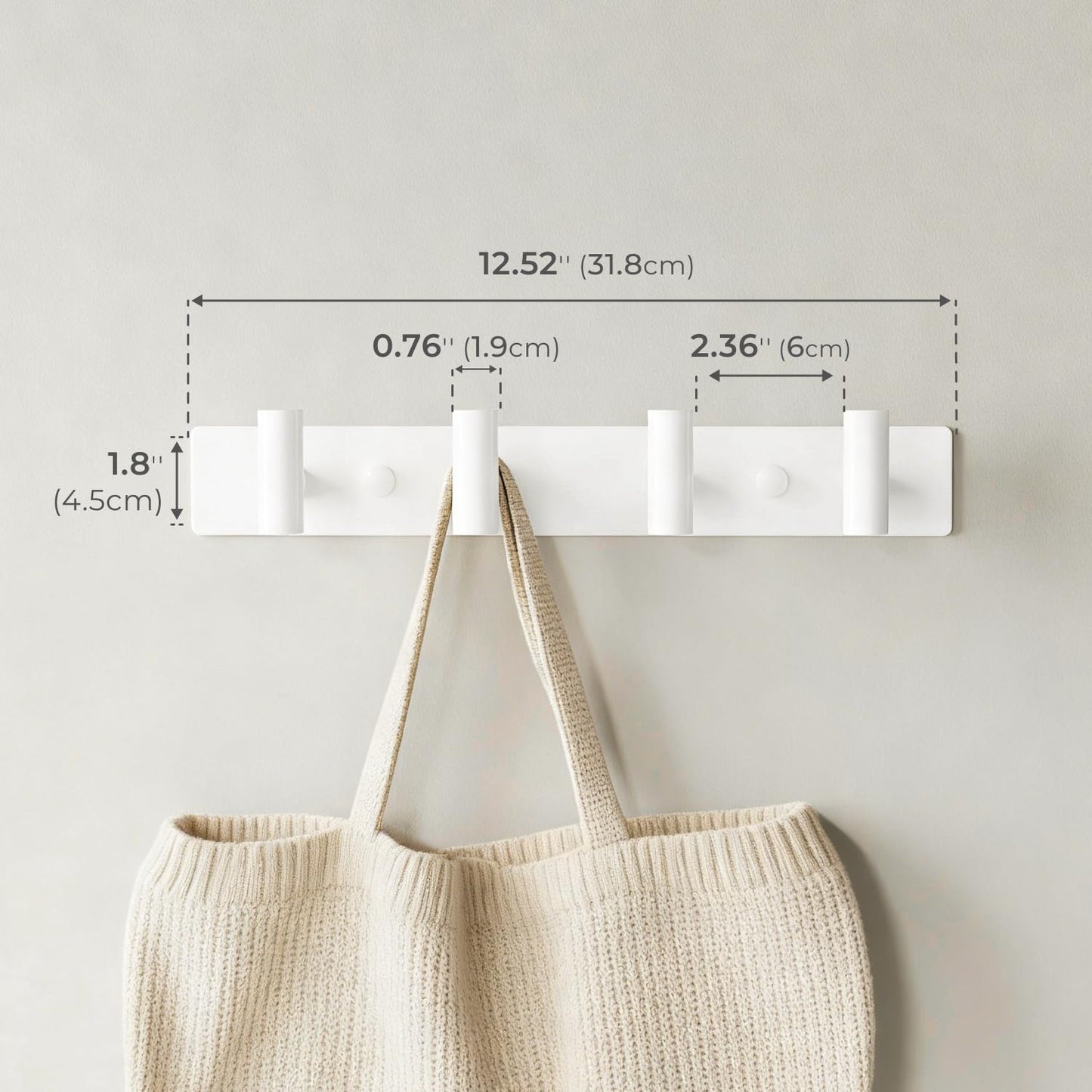White Wall Mounted Coat Rack – 4 T-Shaped Hooks on 12.6" Metal Rail (1 Pcs)