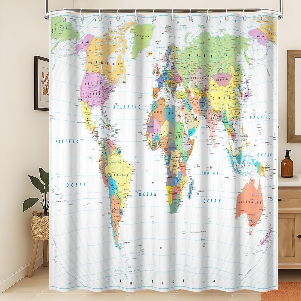 Xiaoterna World Map Shower Curtain Colorful Nautical Map Ocean Bathroom Curtain White Coastal Ocean Shower Curtain for Bathroom Machine Washable