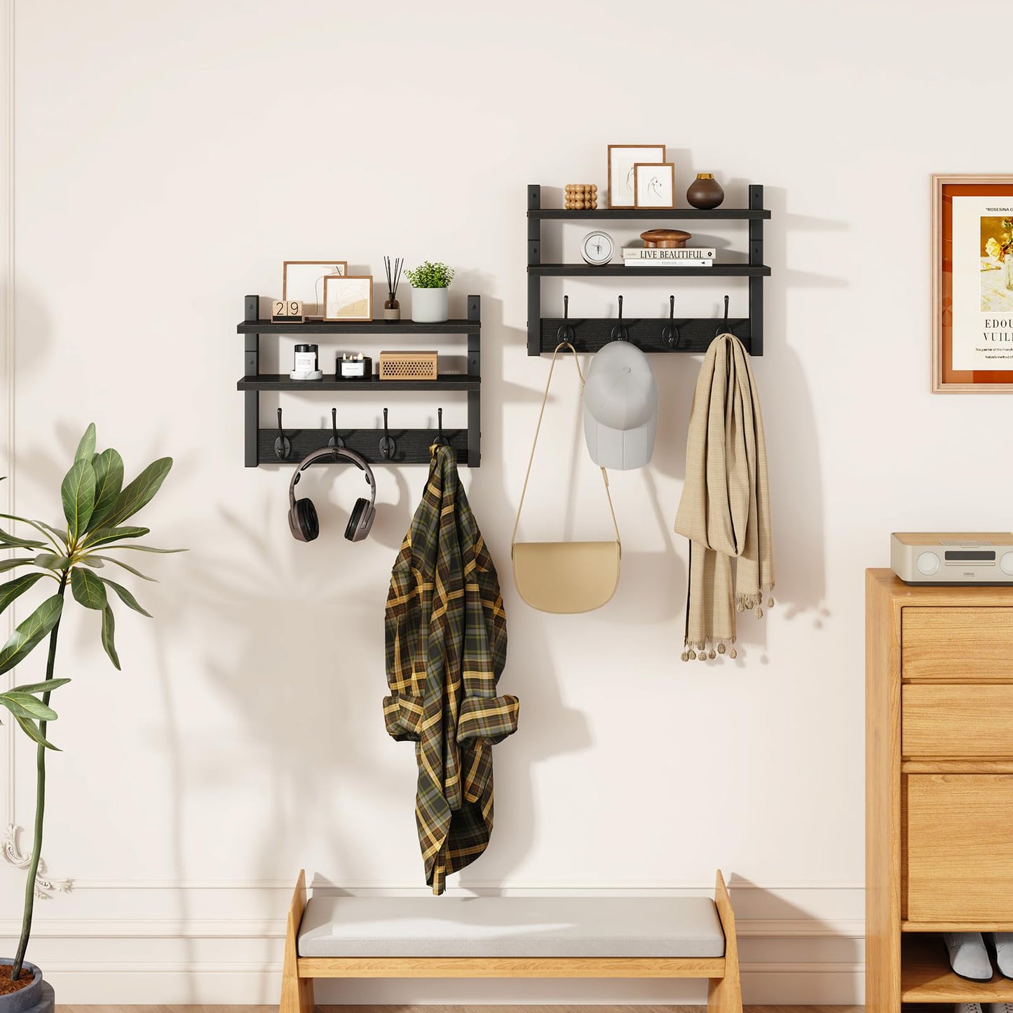 YMYNY 2-Tier Coat Hooks Wall Mounted with Shelf, Black HWS009B-2