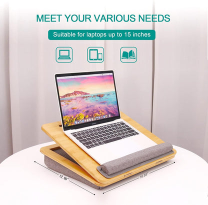 Lap desk,Bamboo Laptop Tray - Ergonomic Design with Cushion. Adjustable Tilt Angle and Height, with Tablet Phone Holder,for Comfortable Work Anywhere