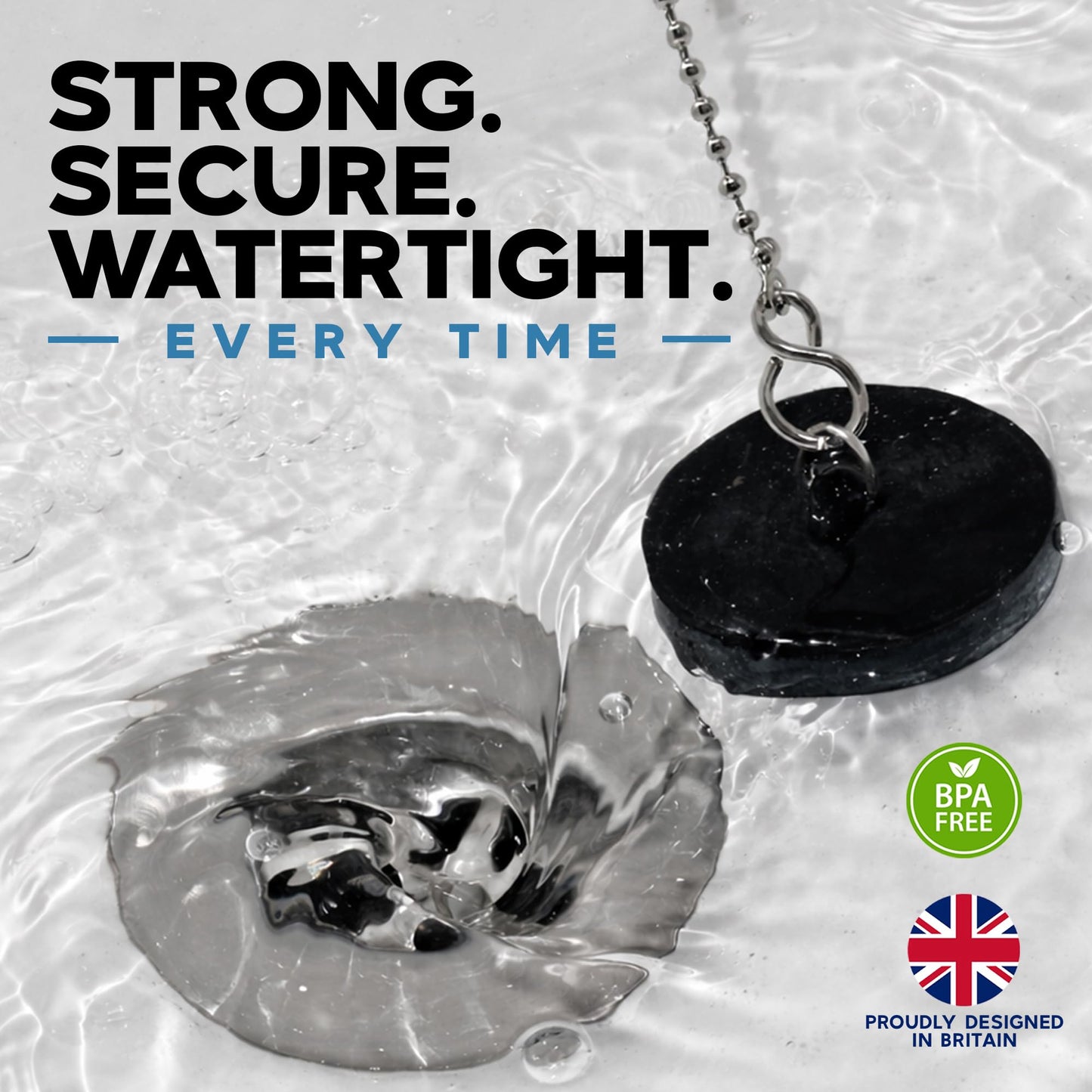 Smith’s® (36mm-38mm) Black Plug & Chain - Bathtub, Bathroom, & Kitchen Sink Plug | 48cm Strong Stainless Steel Ball Chain With S-Hooks