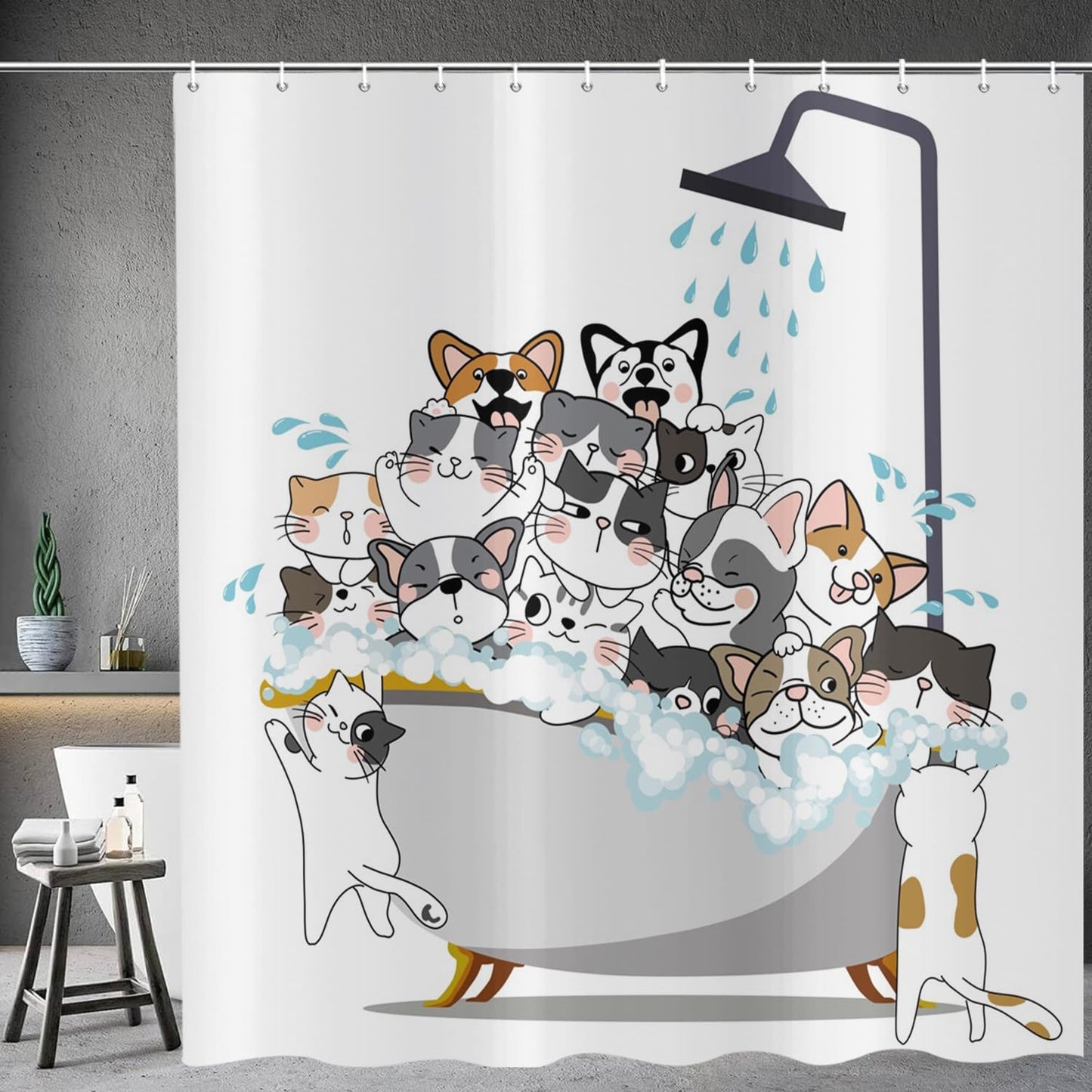 ASDCXZ Funny Cat Shower Curtain 180x200 cm, Cute Colorful Kitten Puppy Kids Bathroom Animal Hilarious Waterproof Bath Curtain Polyester Textile