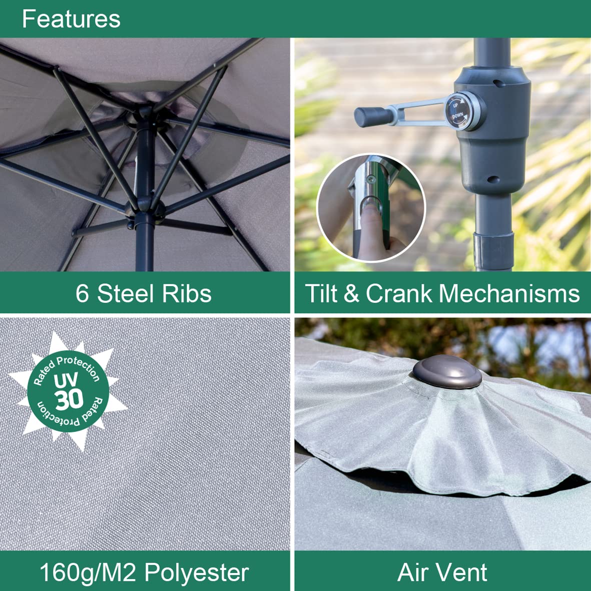 GardenKraft 14730 2.7m Outdoor Garden Parasol/Tilt & Crank Mechanism / 6 Steel Ribs/UV 30 Protection/Durable Polyester Material/Grey Colour