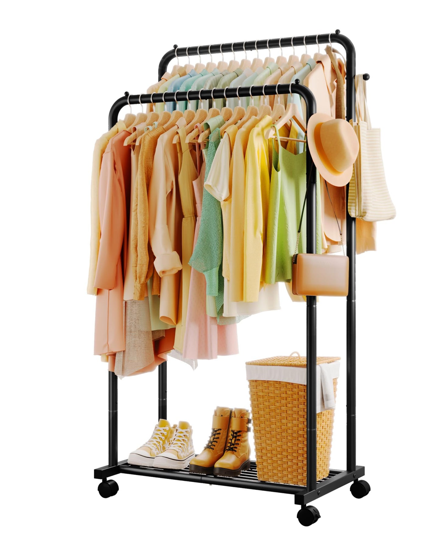 Sakugi Double Rod Clothing Rack Shoe Shelf & Hooks, 73x42x150cm, Black