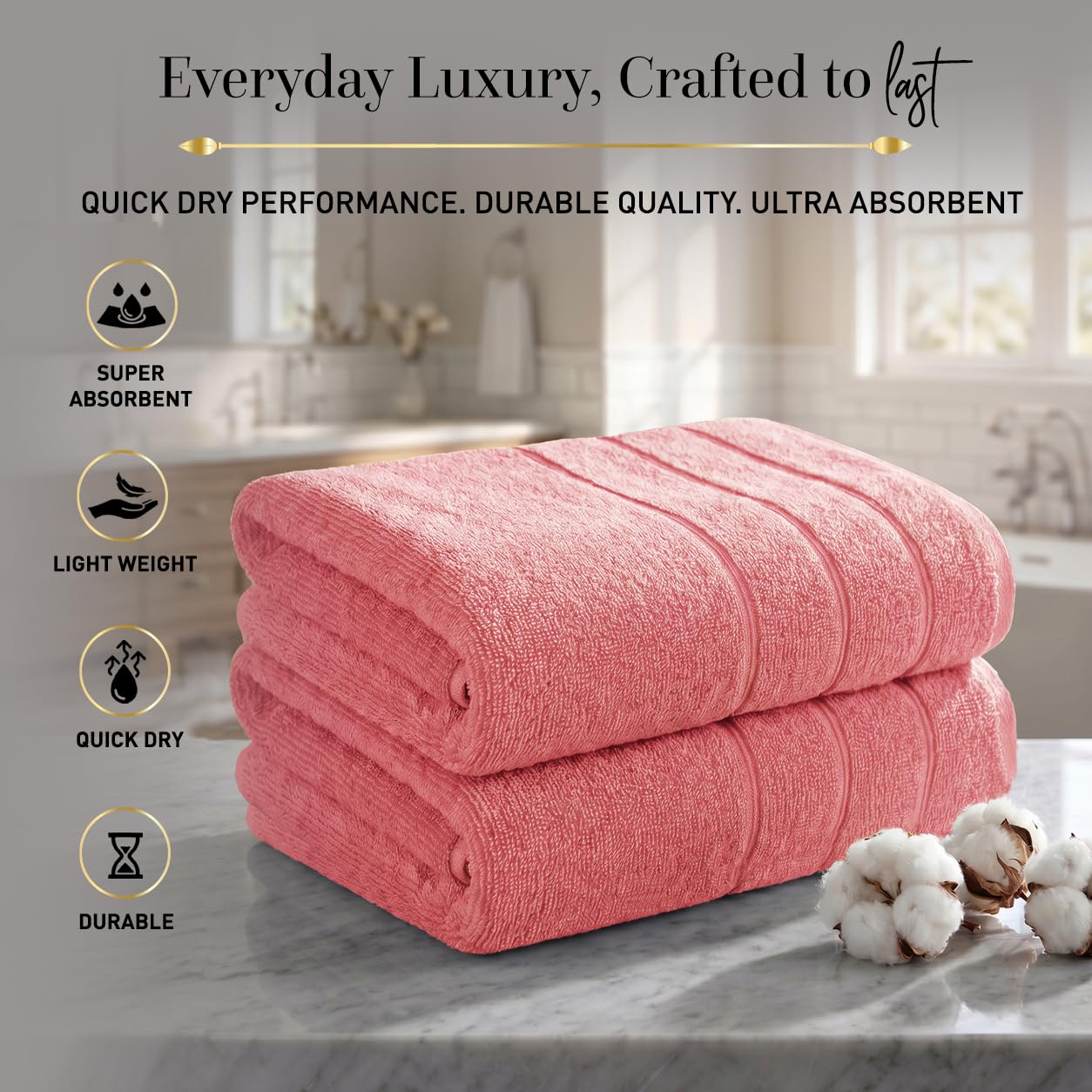 2 Pack Bathroom Towel I 100% Cotton I Highly Absorbent Towels I Coral