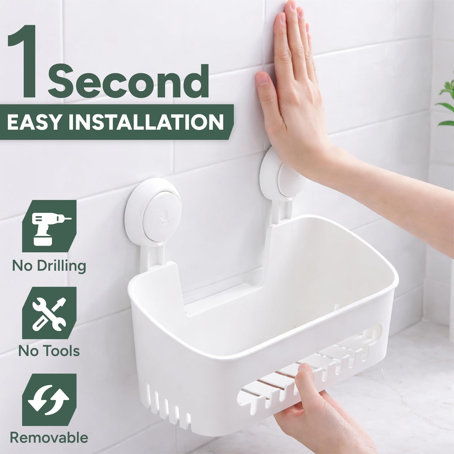 Zuvo Shower Caddy with Suction Cups, No Drill Bathroom Shelf, White