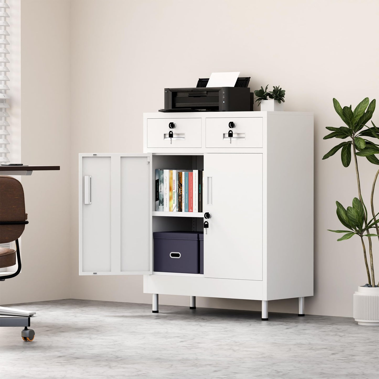 JINGUR Metal Storage Cabinet with Locking Doors and 2 Drawers (White)
