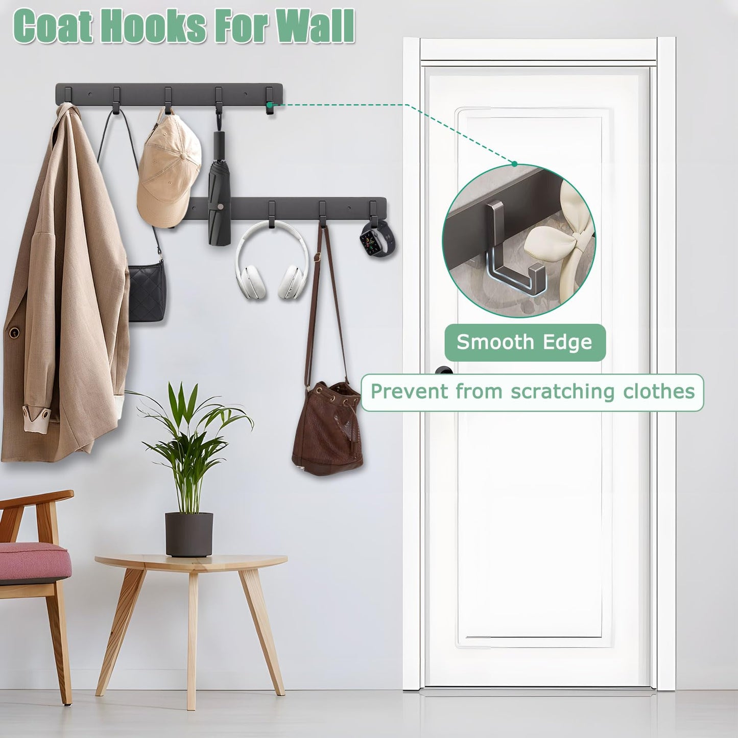 Bosdontek 2 Pack Wall Coat Racks, Heavy Duty Coat Hooks Wall Mounted Clothes Hanger Rustproof Coat Racks Multi-Purpose Wall Hooks Coat Rack for