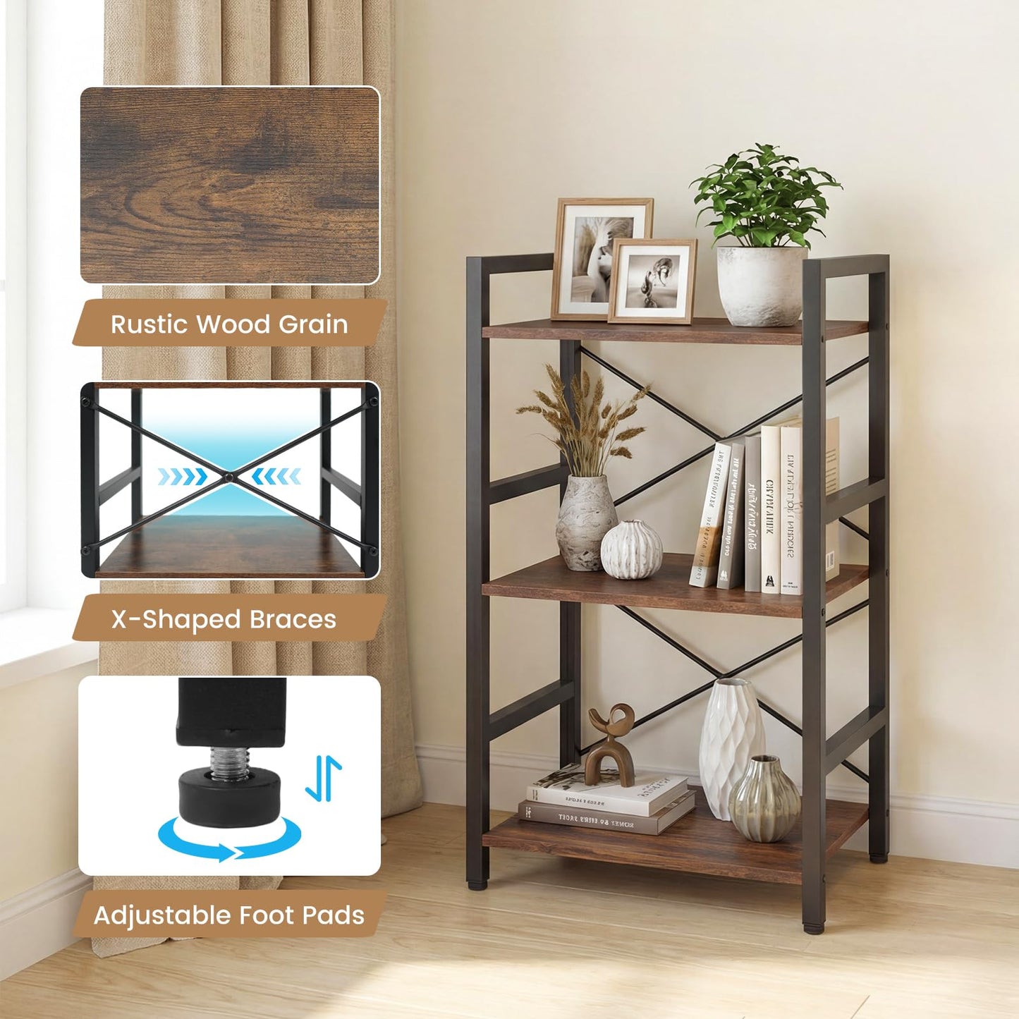 CASART 3/5-Tier Bookcase (Rustic Brown, 42 x 28 x 71cm)
