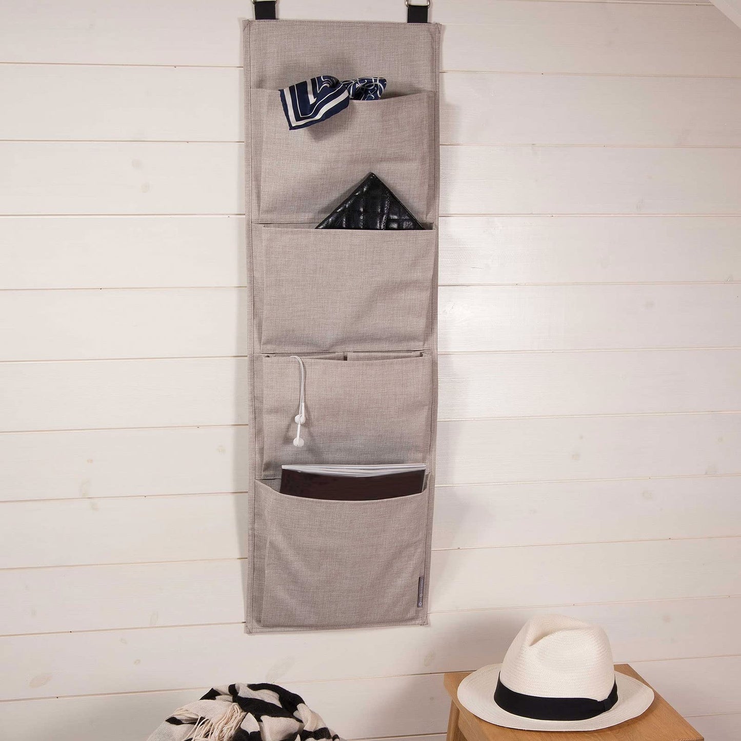 Bigso Box of Sweden Foldable Hanging Storage Organiser - Door and Wall Hanging Storage with 4 Compartments and Linen Effect