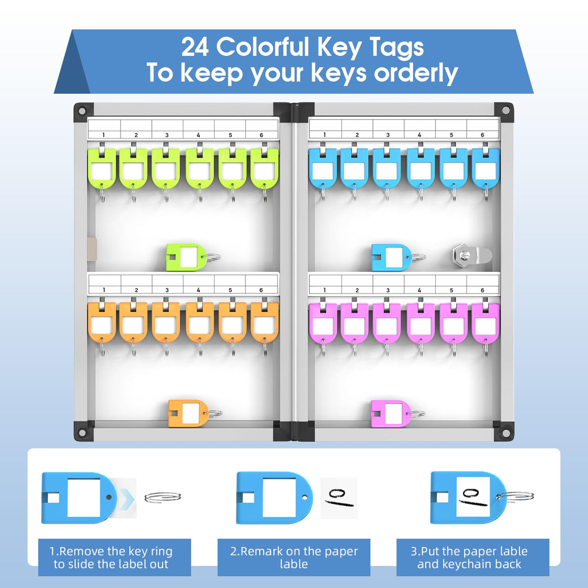 Lockbako 24 Key Cabinet Wall Mounted with Code, Key Lock Box with Combination, Key Safe Box with Key Hooks & Tags & Lables, 21.5 * 6.5 * 33cm