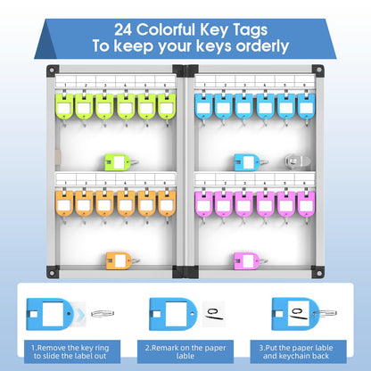 Lockbako 24 Key Cabinet Wall Mounted with Code, Key Lock Box with Combination, Key Safe Box with Key Hooks & Tags & Lables, 21.5 * 6.5 * 33cm