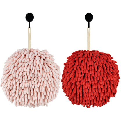 Fuzzy Ball Hand Towels, Set of 2, Chenille Quick Dry, 6.9inch pink+red