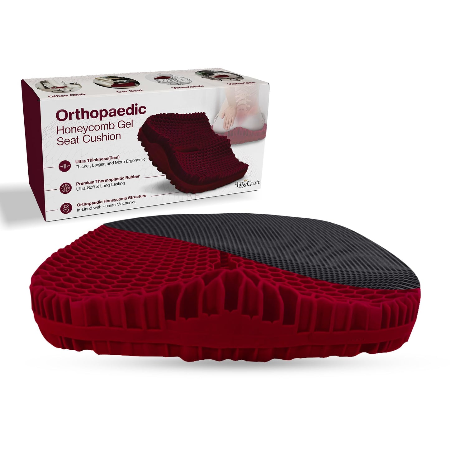 LuxeCraft Honeycomb Gel Seat Cushion – 9 cm Thick Orthopaedic Seat Cushion for Long Sitting |Includes 2 Zippered Covers |Back Locking Straps