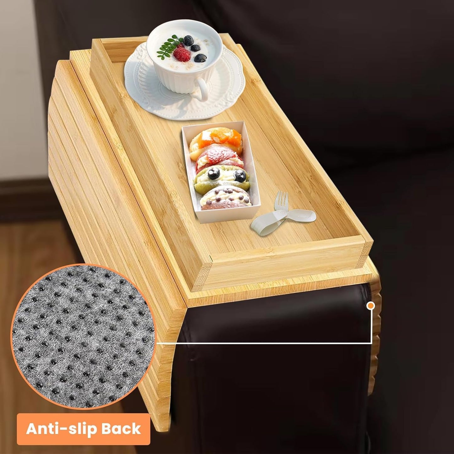 Sofa Arm Tray, Bamboo Foldable Couch Tray with Anti-Slip Fabric Backing, Sofa Side Table for Drinks, Snack, Magazine, and Remote(wood)