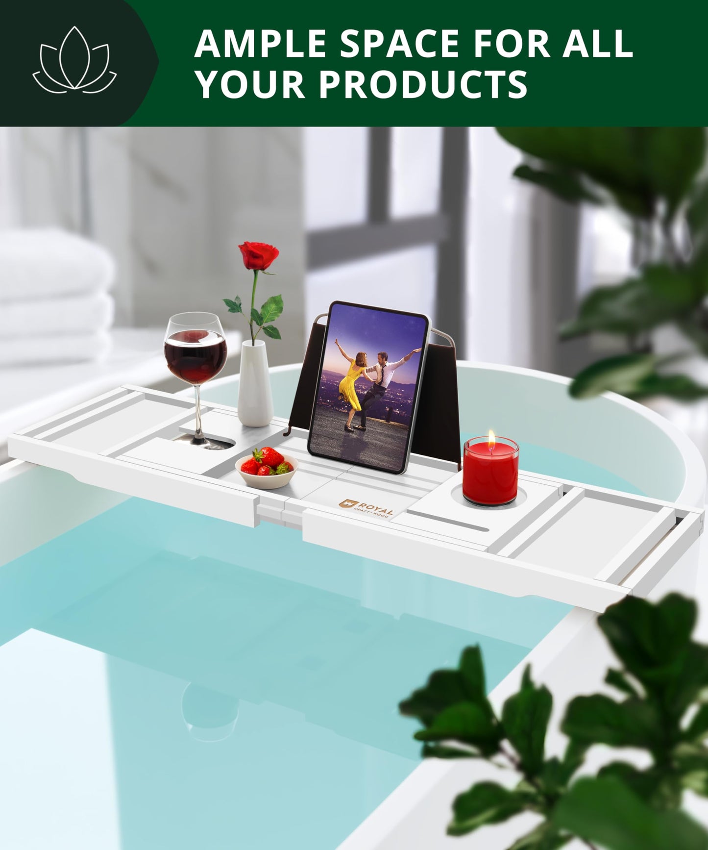 ROYAL CRAFT WOOD Luxury Bathtub Caddy Tray, 1 or 2 Person Bath and Bed Tray, Bath Tub Table Caddy with Extending Sides