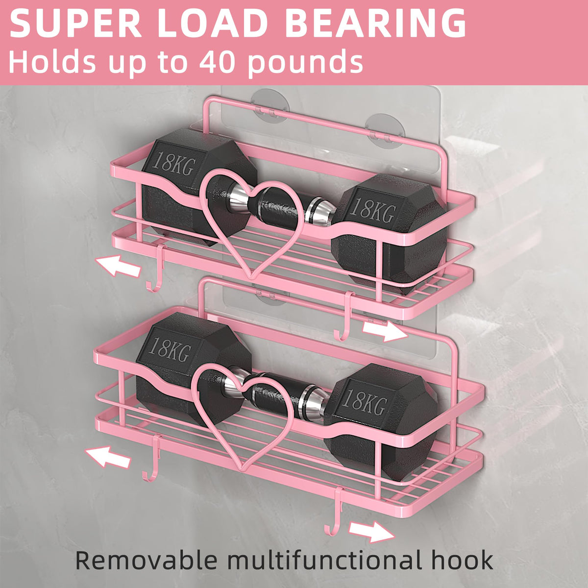 Pink Shower Caddy 2 Pack –No Drill Wall Mounted Suction Shelf for Bathroom