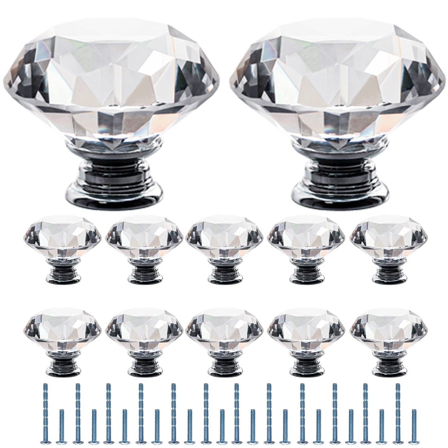 Furniware Clear Crystal Door Knobs, 12 Pcs 50mm Crystal Glass Door Drawer Knobs Diamond Cut Drawer Handles with 3 Sizes Screws for Cupboard Cabinet