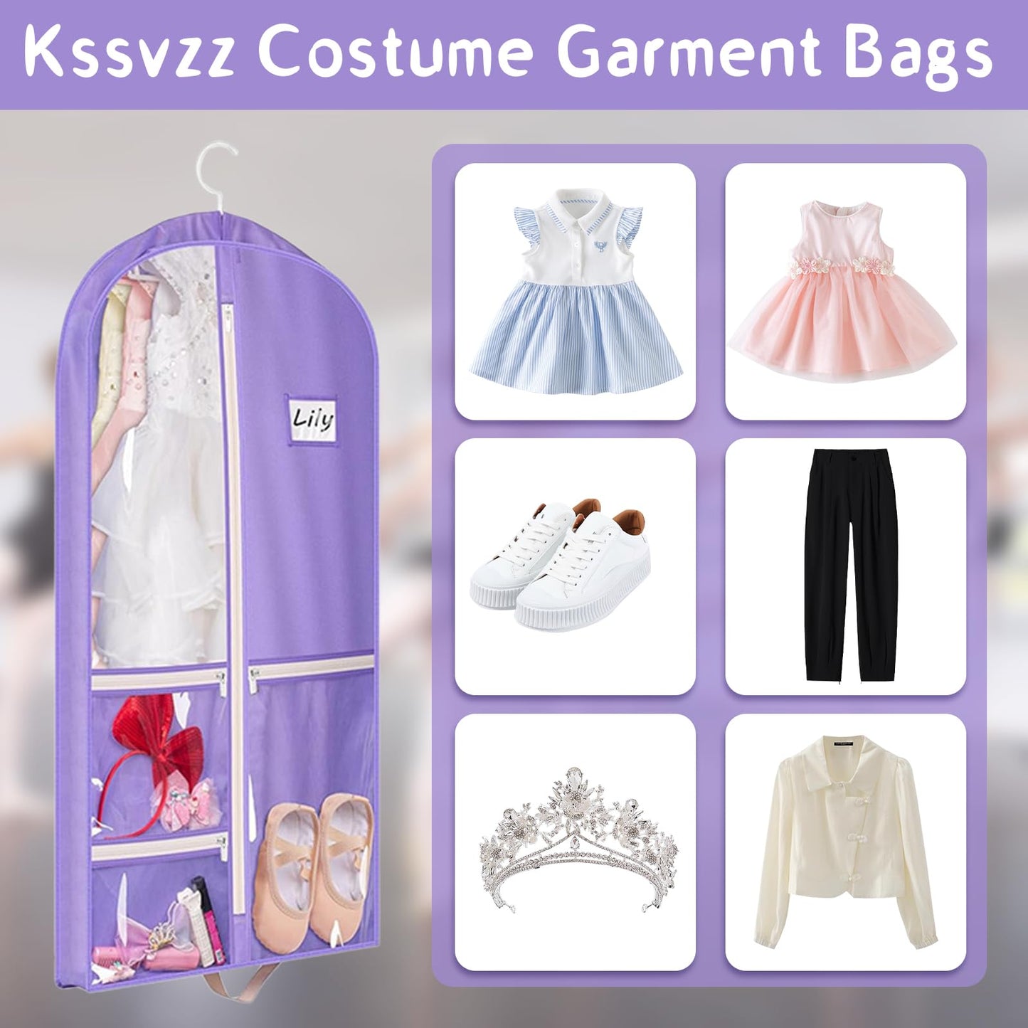 40 inch Dance Costume Bag, Costume Bags for Dancers, Dress Bags with 5 Zipper Pockets