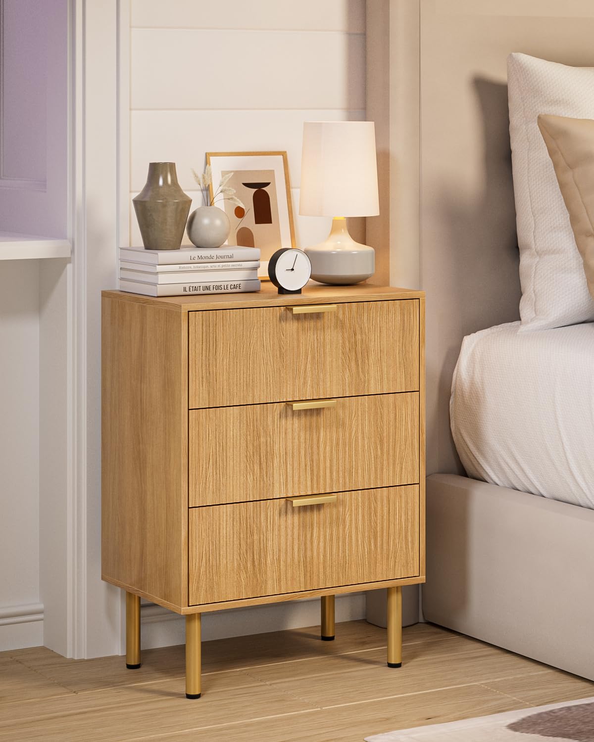 Apetaccat Bedside Table with 3 Drawers, Modern Bedside Cabniet with Metal Legs, Fluted Nightstand, Side Table for Bedroom, Living Room, Office, Oak