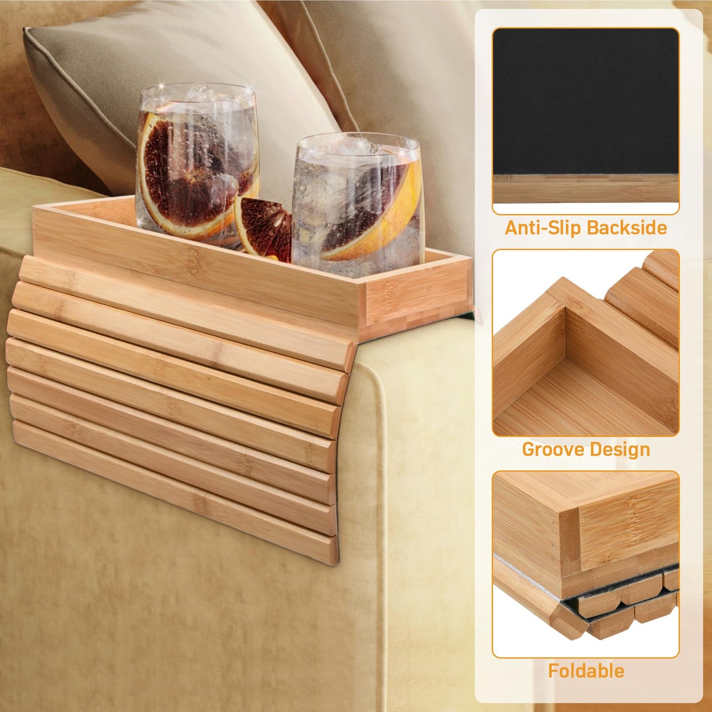 Pagezol Bamboo Sofa Arm Tray, Flexible Wooden Armrest Tray, Eco-Friendly, Anti-Slip, Foldable Couch Armrest for Drinks, Snacks, Remote Control