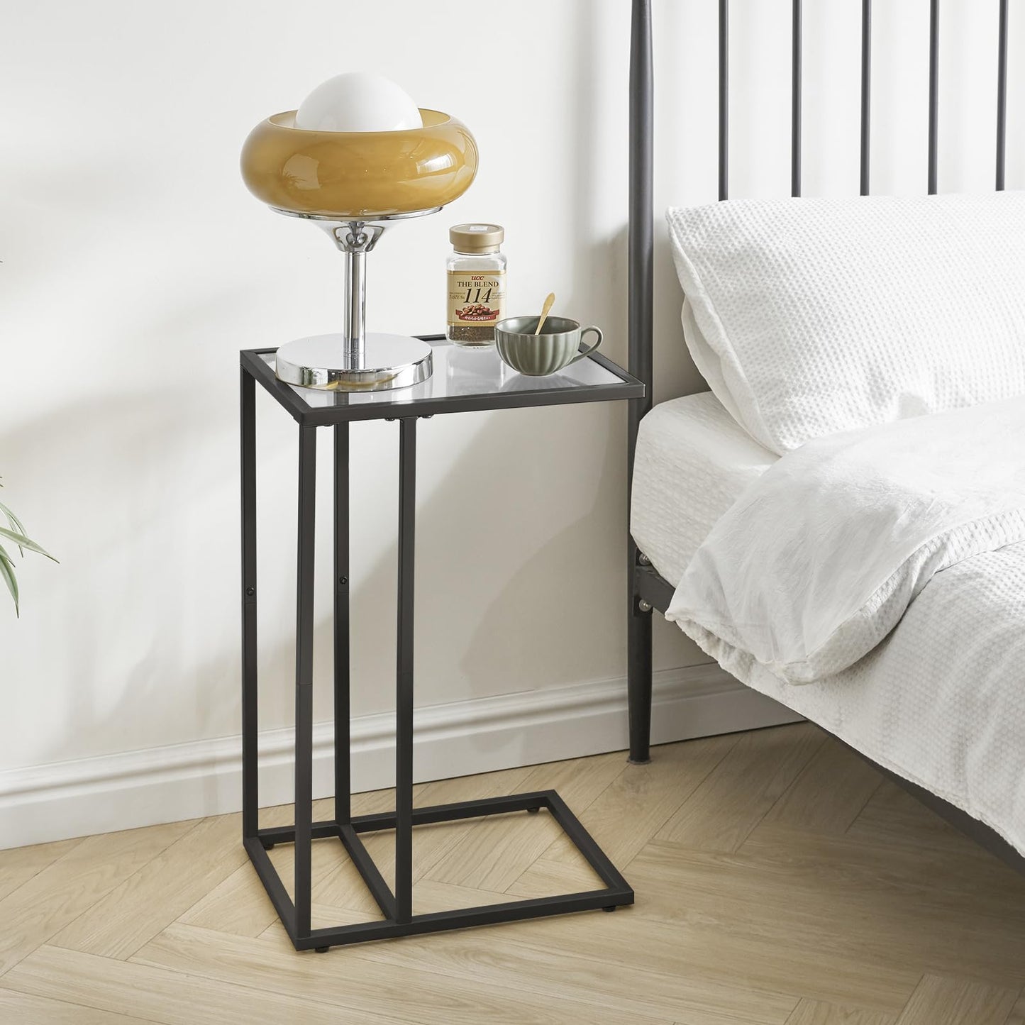 YMYNY C Shaped End Table, Tempered Glass Snack Side Table for Small Space with Metal Frame, Narrow Couch Table, for Living Room, Bedroom