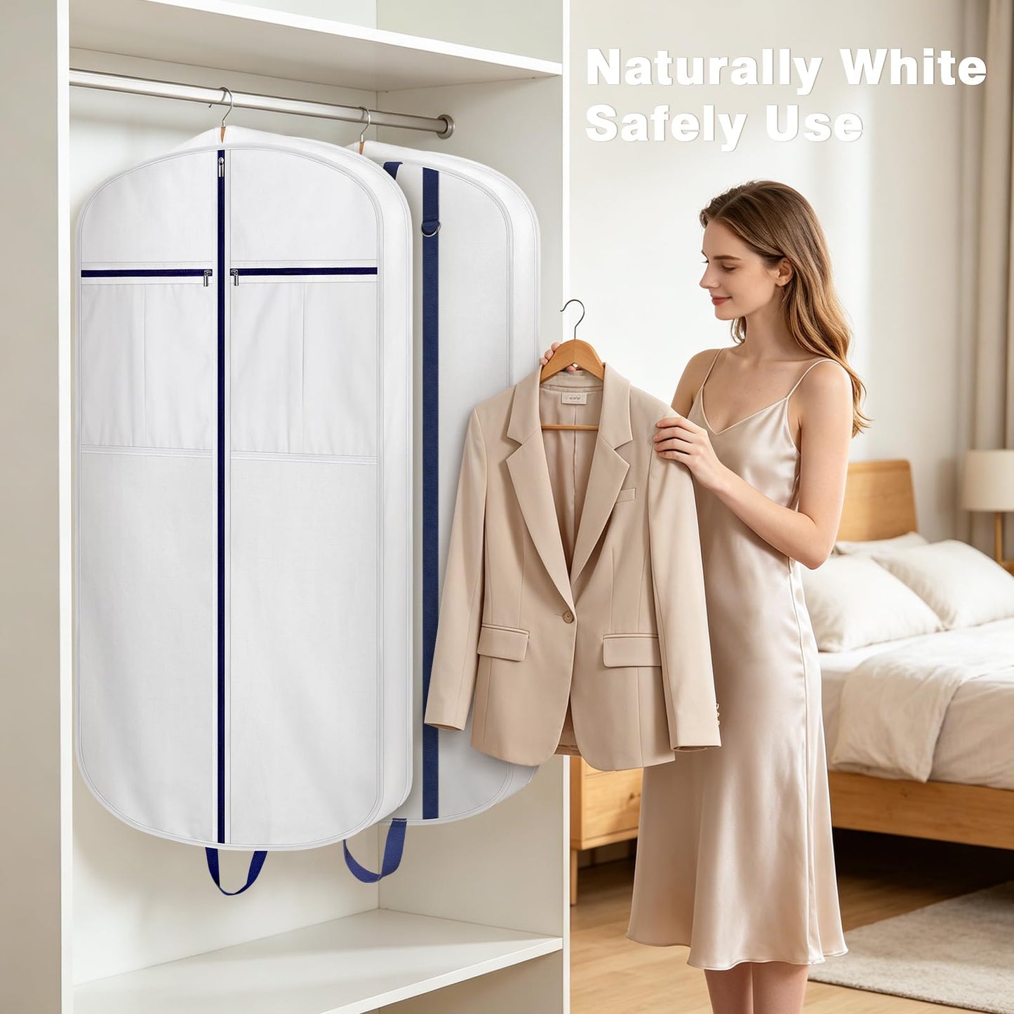 Univivi Premium Cotton Garment Bags for Travel, 43 in Suit Cover Bag,White