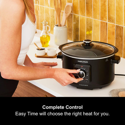 Morphy Richards 3.5L Easy Time Slow Cooker, Automatic Heat Settings, Keep Warm Mode, Hob Proof, Countdown Indicator, Dishwasher Safe Pot, Matte Black,