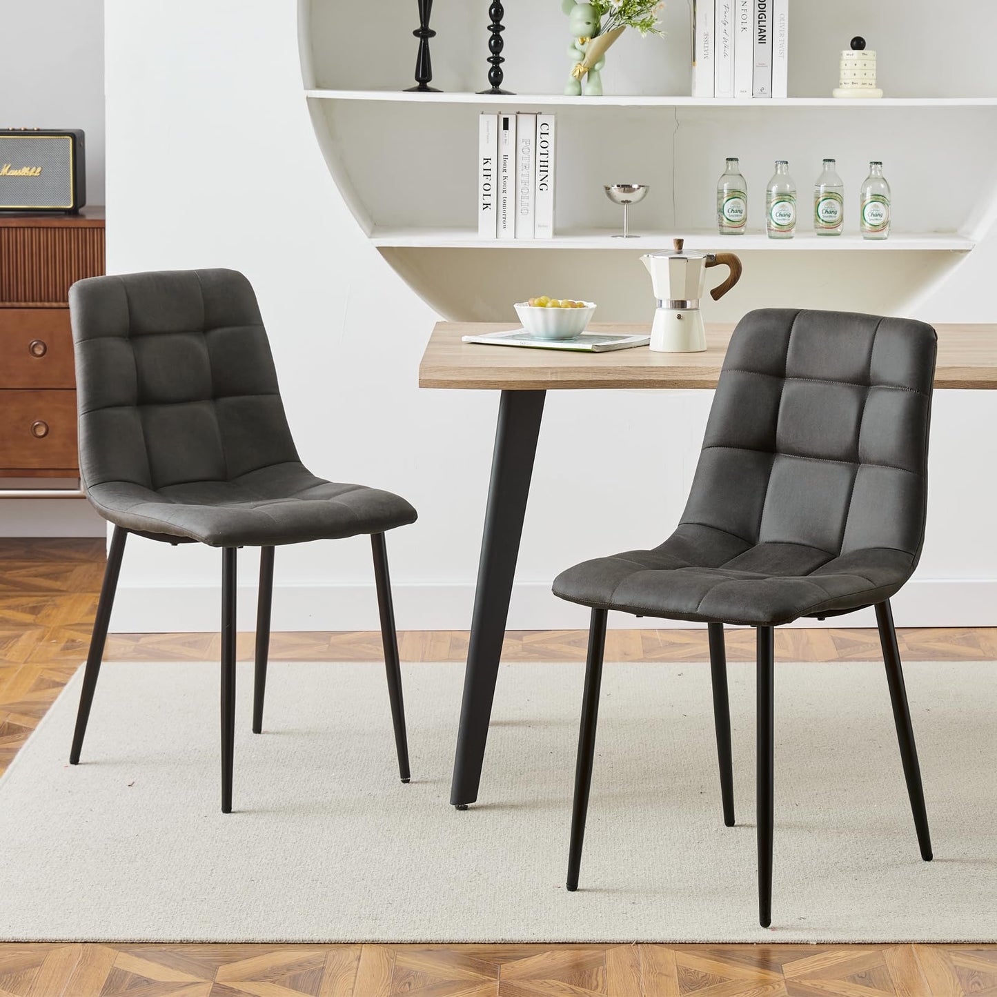 TUKAILAi Dining Chairs Set of 2 Grey Faux Suede Upholstered Seat Kitchen Chair with Backrest & Metal Legs Retro Leisure Chairs for Home Living Room