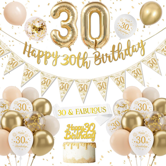 30th Birthday Decorations Set, Sand White & Gold, 26 Pieces, Balloons, Banners, Cake Topper, Sash, Foil & Confetti, Adults, Women, Unisex, Birthday